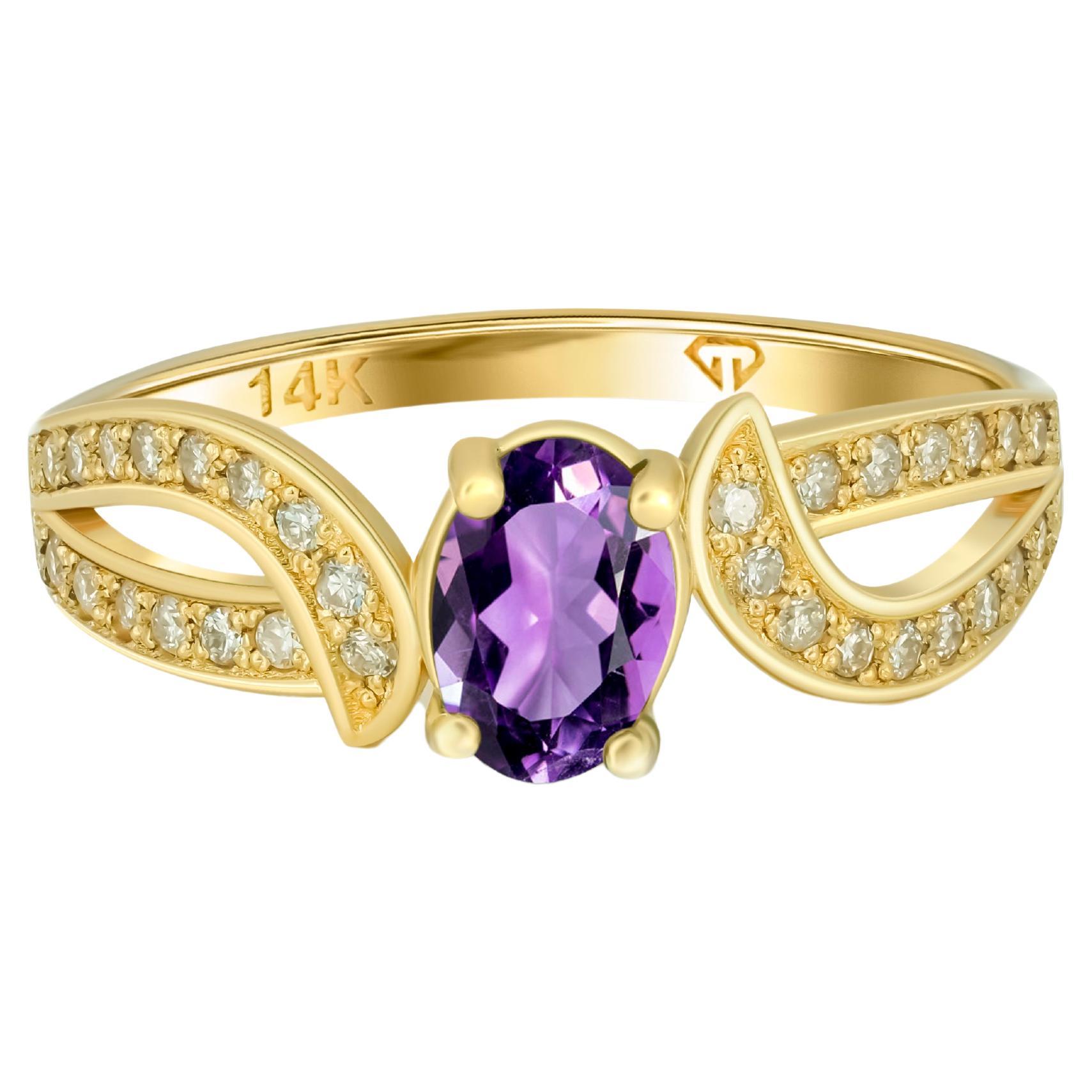 14K Gold Plated Open Amethyst & Turquoise Ring - Vintage Gothic Purple Crystal Statement Ring For Women, Size 8