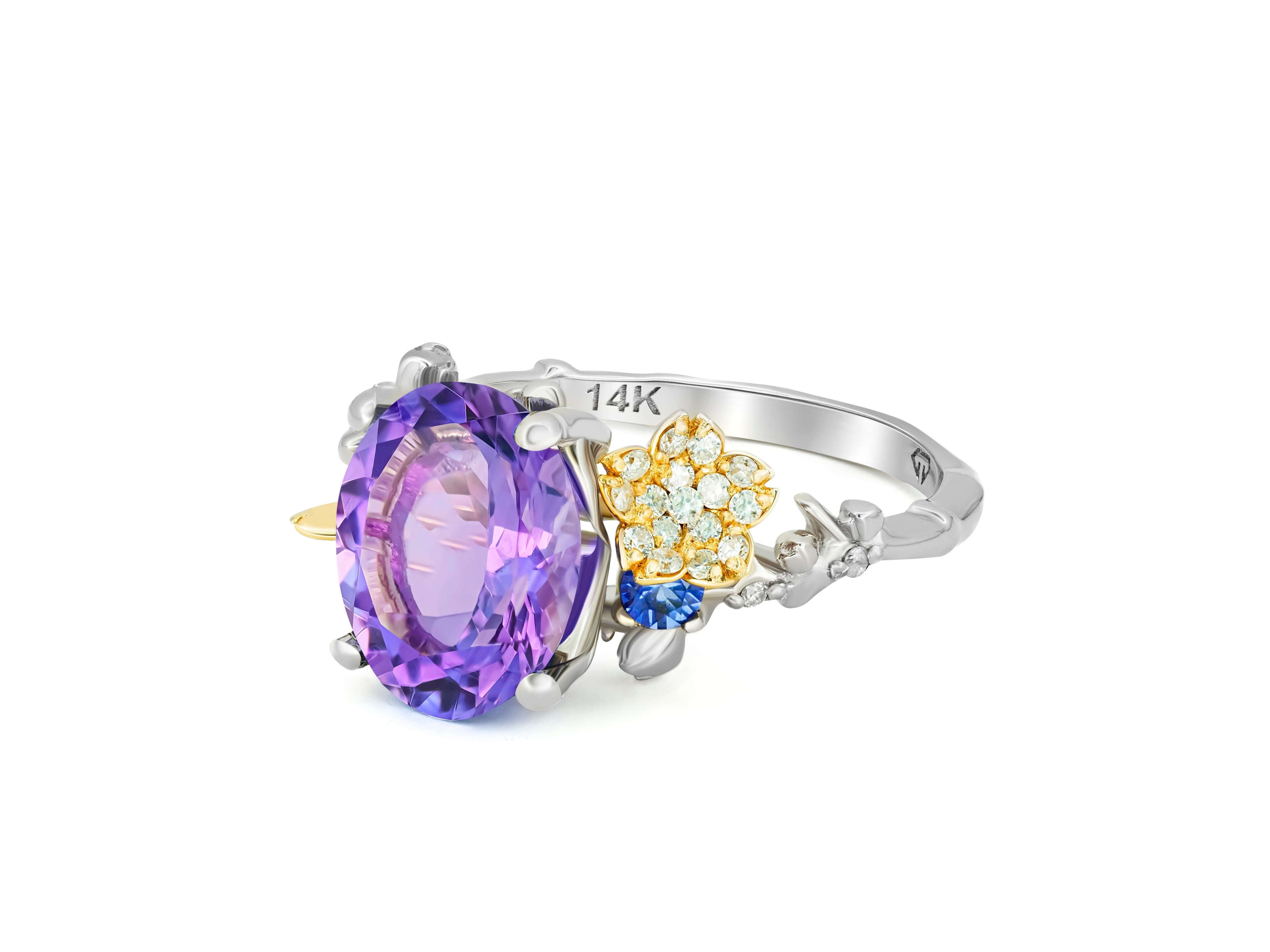 Amethyst 14k Gold Ring, Genuine Amethyst Ring, Amethyst Gold Ring In New Condition For Sale In Istanbul, TR