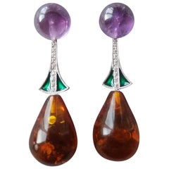 Amethyst 14K White Gold Green Enamel Diamonds Amber Drop Earrings