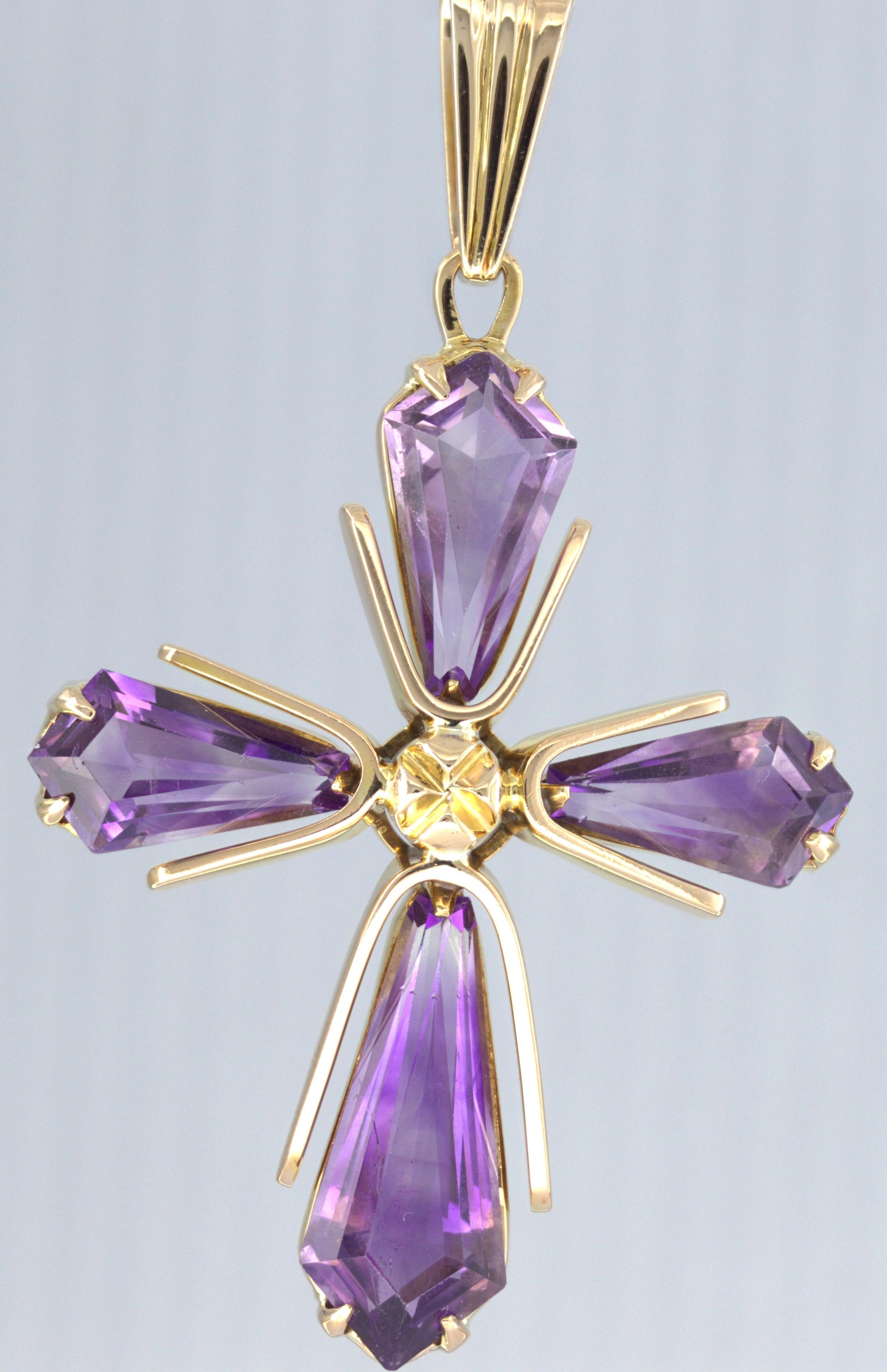 Oval Cut Amethyst, 14K Yellow Gold Cross Pendant For Sale