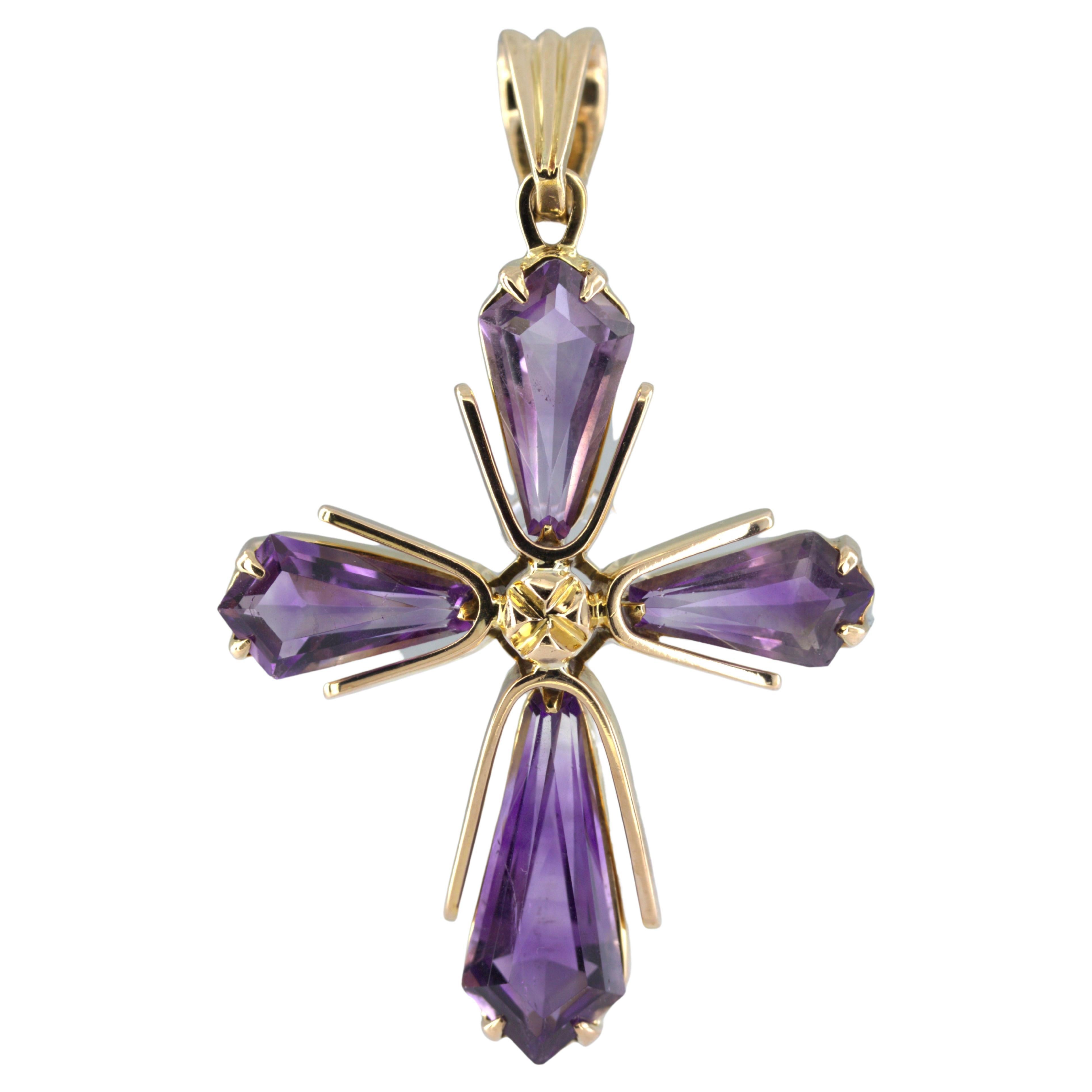 Amethyst, 14K Yellow Gold Cross Pendant For Sale