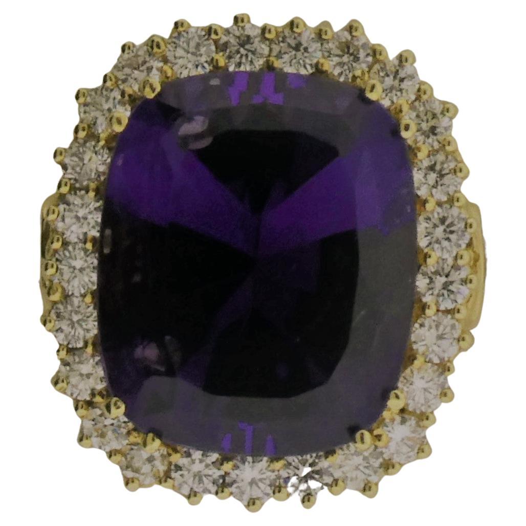Art Nouveau Amethyst '16.12 Cts', Diamond '33=2.86 Cts', 18K Yellow Gold Ring For Sale