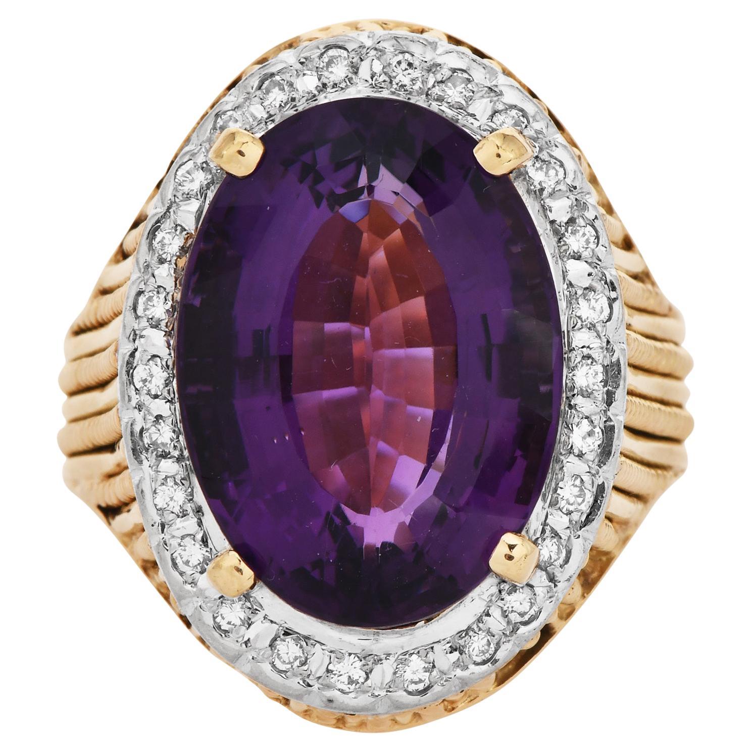 Amatista 16,98cts Diamante 14K Oro Halo Anillo de Cóctel Acanalado Retro en venta
