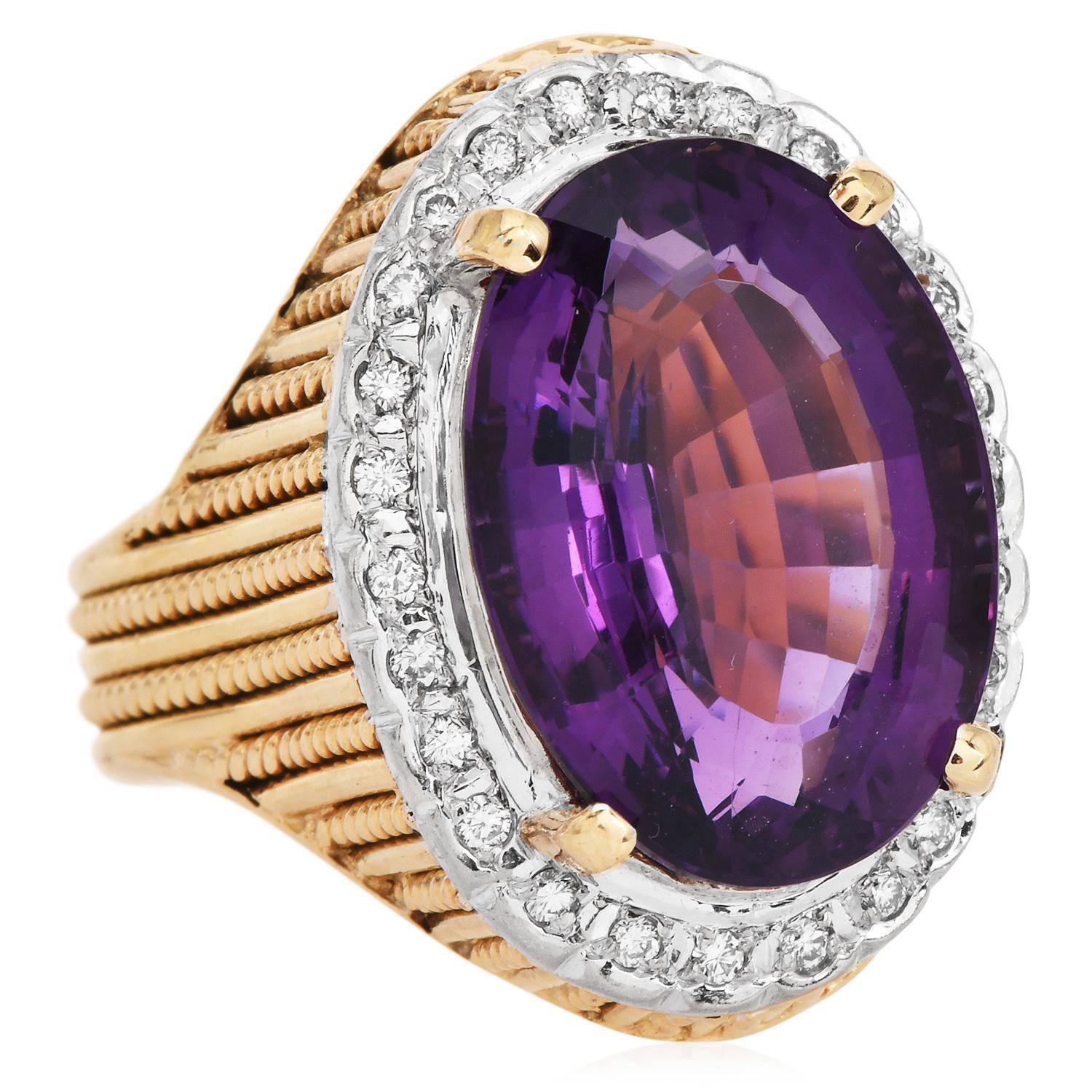 Amatista 16,98cts Diamante 14K Oro Halo Anillo de Cóctel Acanalado Corte oval en venta