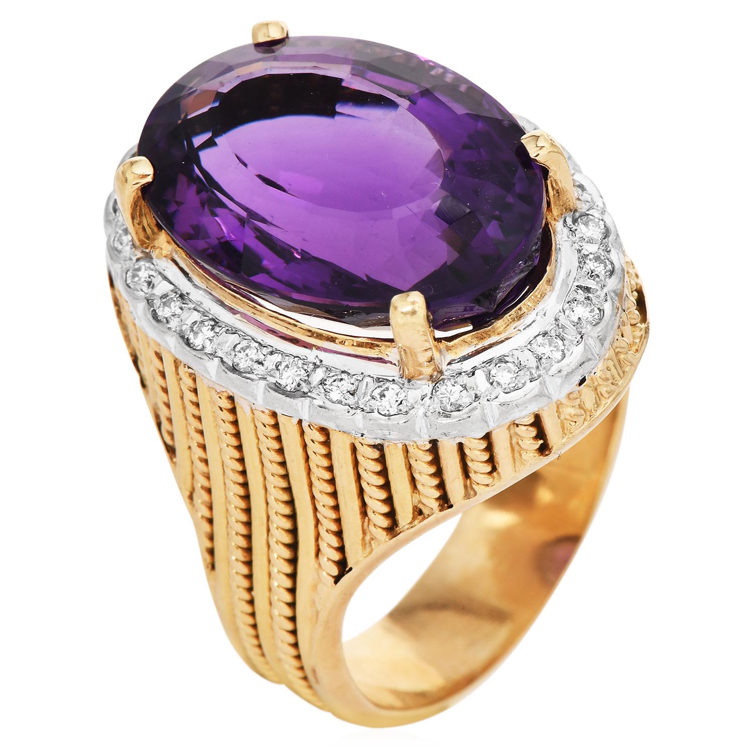 Amatista 16,98cts Diamante 14K Oro Halo Anillo de Cóctel Acanalado en Excelente estado para la venta en Miami, FL