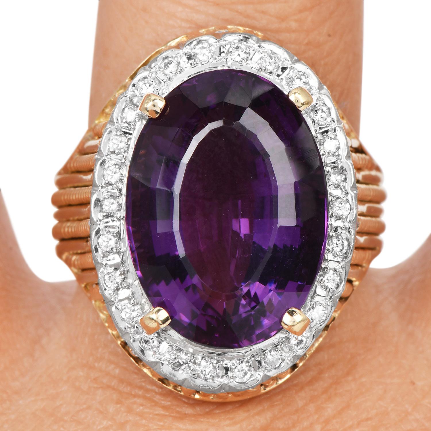 Amatista 16,98cts Diamante 14K Oro Halo Anillo de Cóctel Acanalado en venta 1