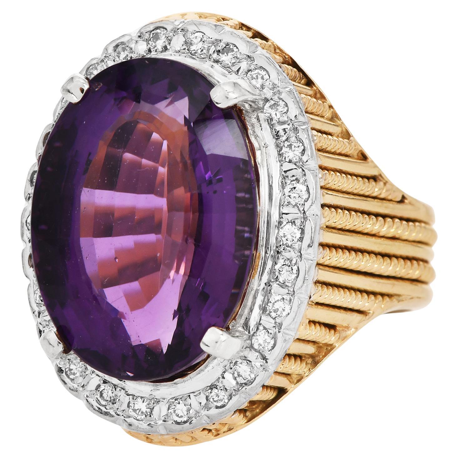 Anello cocktail con ametista e diamante da 16,98 carati in oro 14K con scanalatura a raggiera