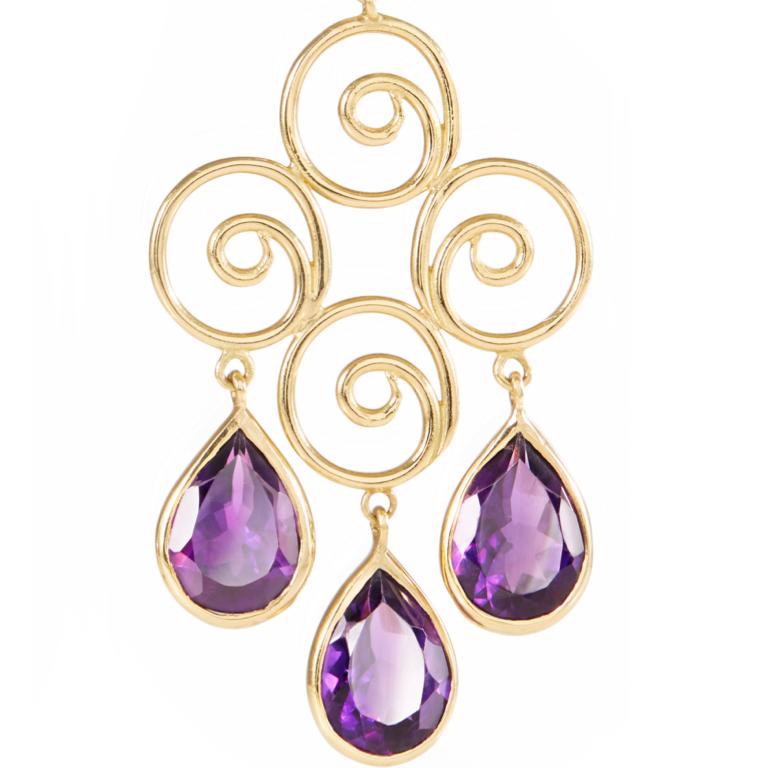 Delightful 18 carat yellow gold earrings with amethyst drops. With post and butterfly fittings.

Esther Eyre has been designing and making precious jewellery for over twenty years. She trained at Kingston and Middlesex gaining a BA in jewellery