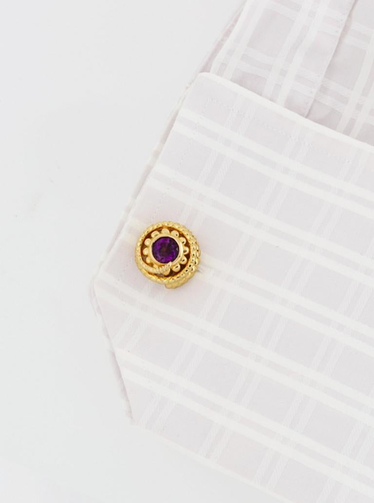 18k. Amethysts. They were made in Manhattan entirely by hand, and were cast, one at a time, using the lost wax process. Prince John Landrum Bryant Created and Designed this piece and Supervised its Fabrication. 
Dimensions: 16 x 16 mm.

THIS PIECE