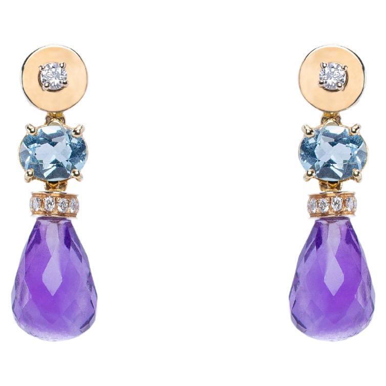 Pendants d'oreilles en or jaune 18 carats avec améthyste et topaze blanche de 0,30 carat