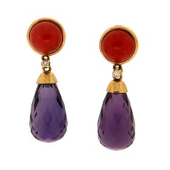 Amethyst 18 Karat Yellow Gold Coral and Diamonds Drop Earrings