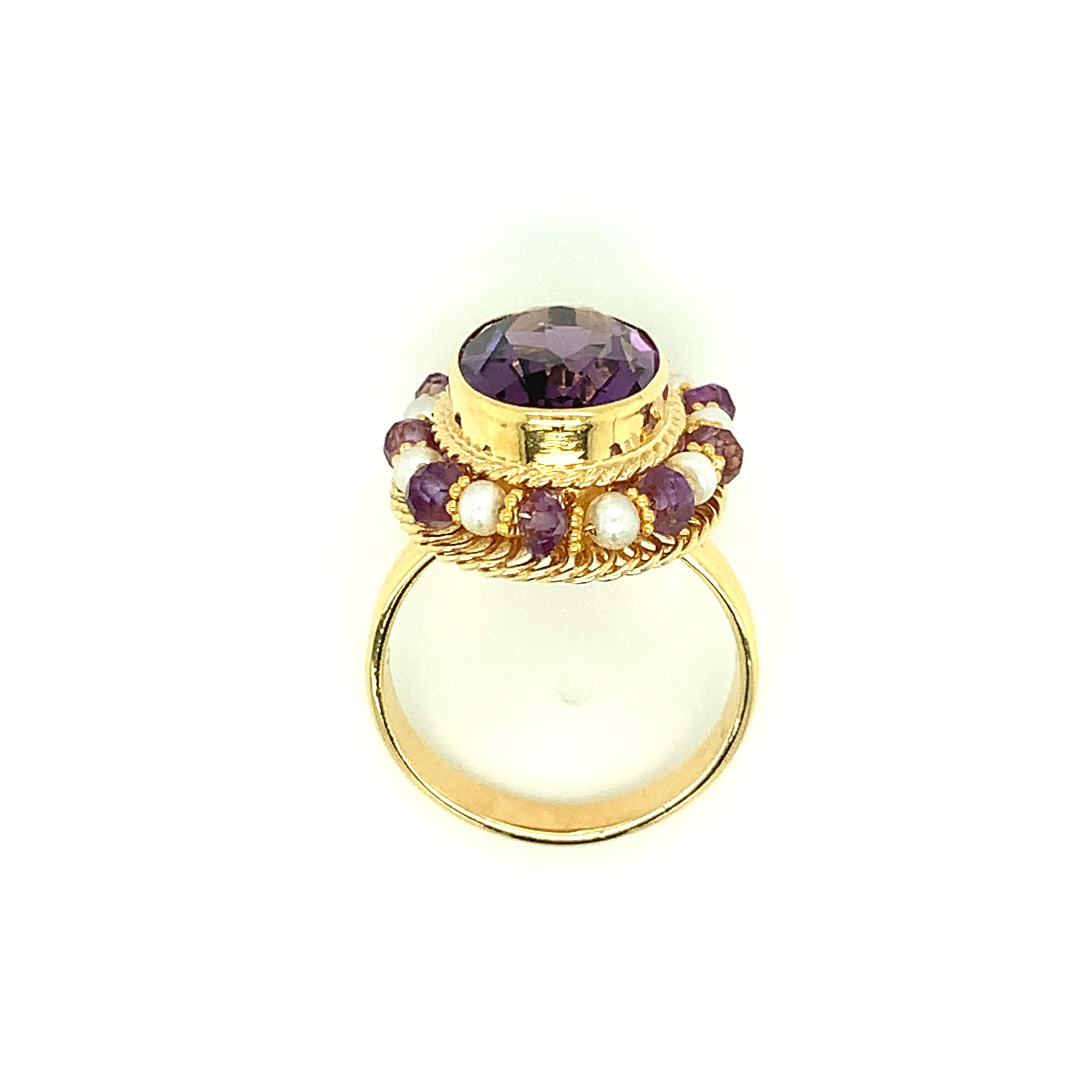 Women's Amethyst Oval, Seed Pearl, Amethyst Bead Yellow Gold Filigree Cocktail Ring  