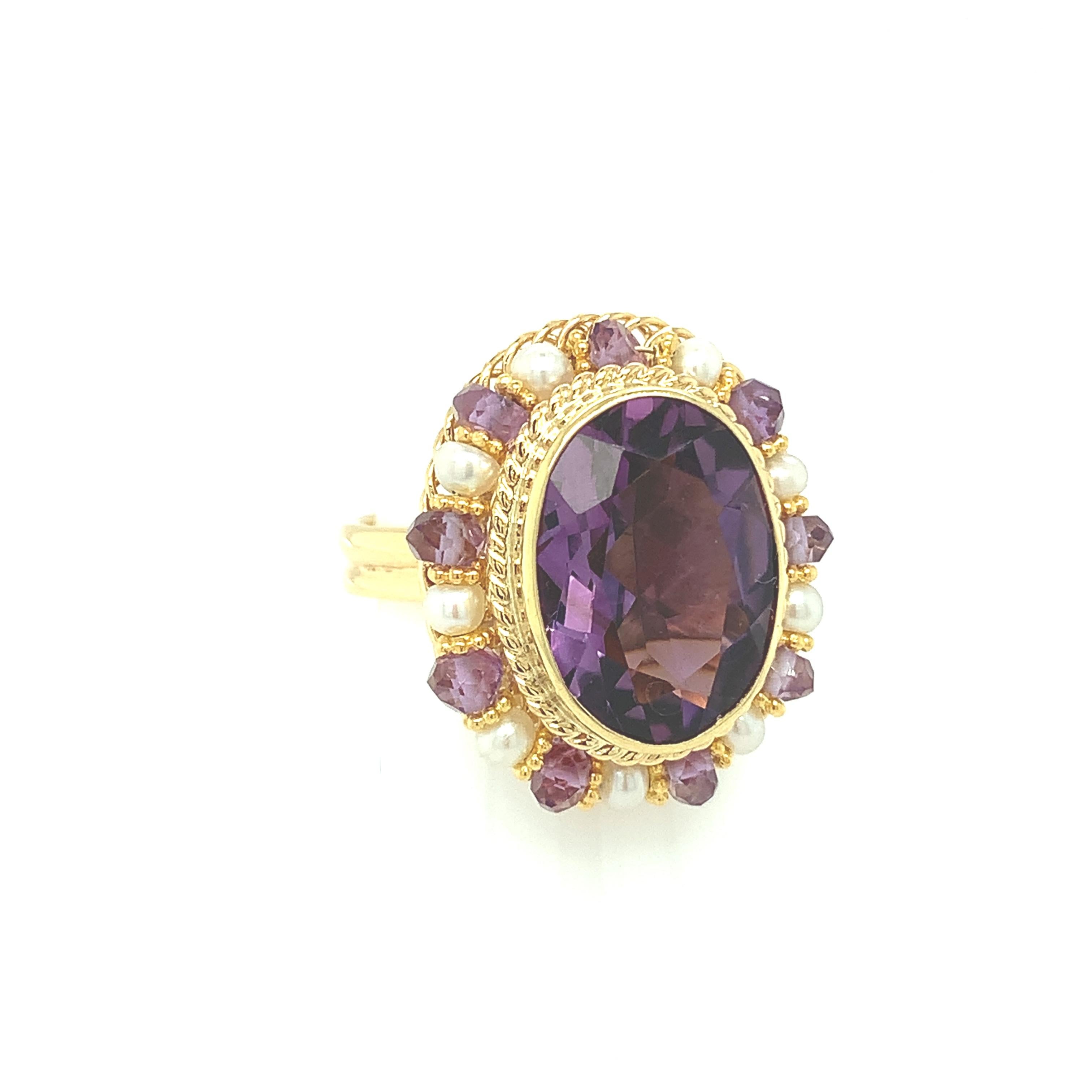 Artisan Amethyst Oval, Seed Pearl, Amethyst Bead Yellow Gold Filigree Cocktail Ring  