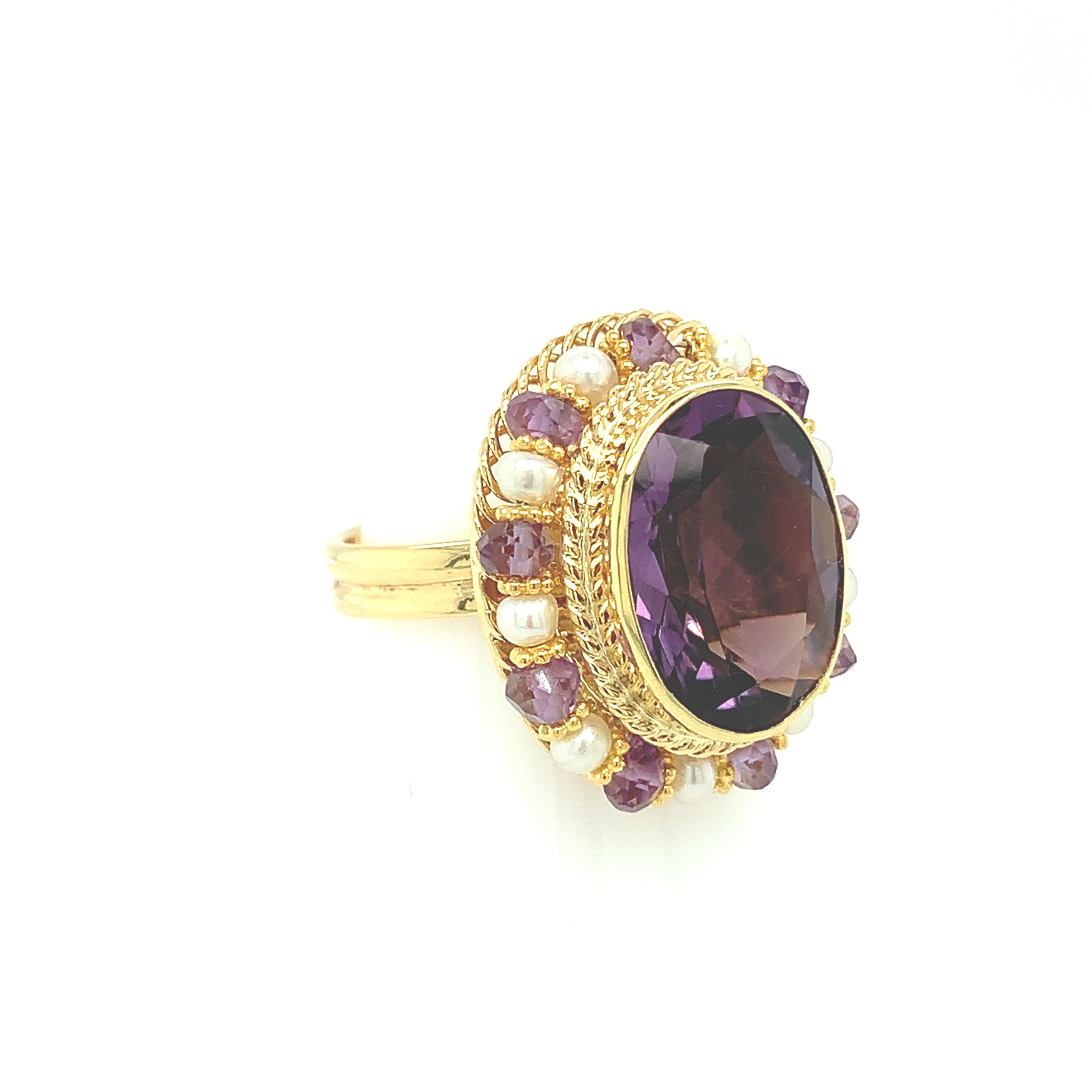 Oval Cut Amethyst Oval, Seed Pearl, Amethyst Bead Yellow Gold Filigree Cocktail Ring  