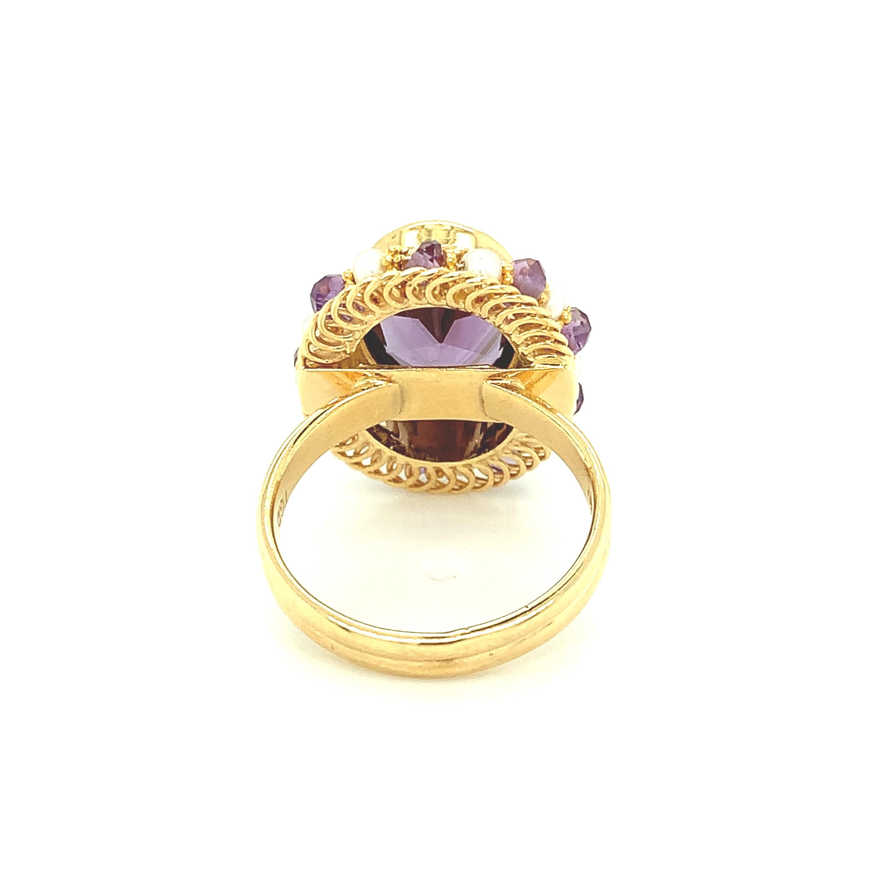 Amethyst Oval, Seed Pearl, Amethyst Bead Yellow Gold Filigree Cocktail Ring   1