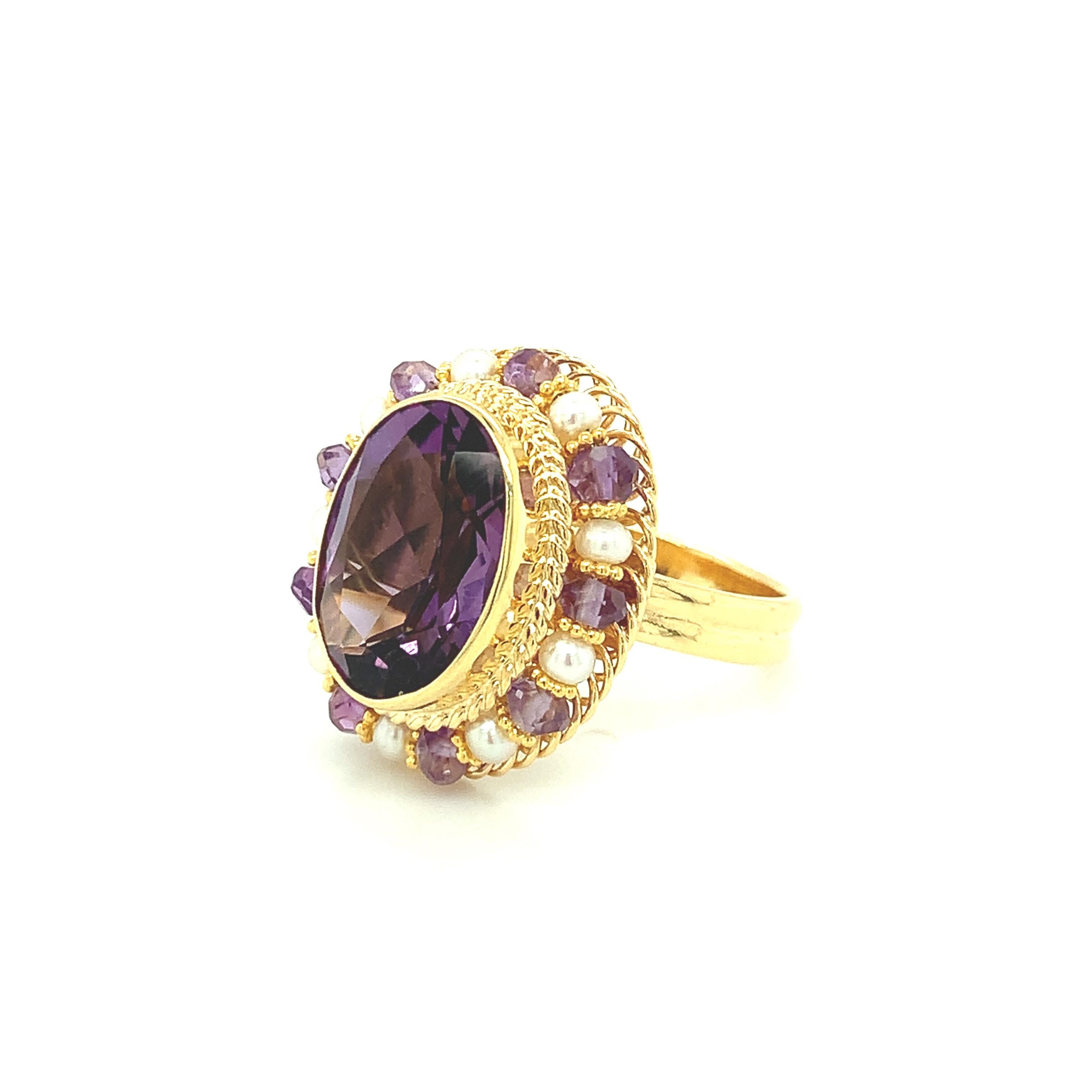 Amethyst Oval, Seed Pearl, Amethyst Bead Yellow Gold Filigree Cocktail Ring   In New Condition In Los Angeles, CA