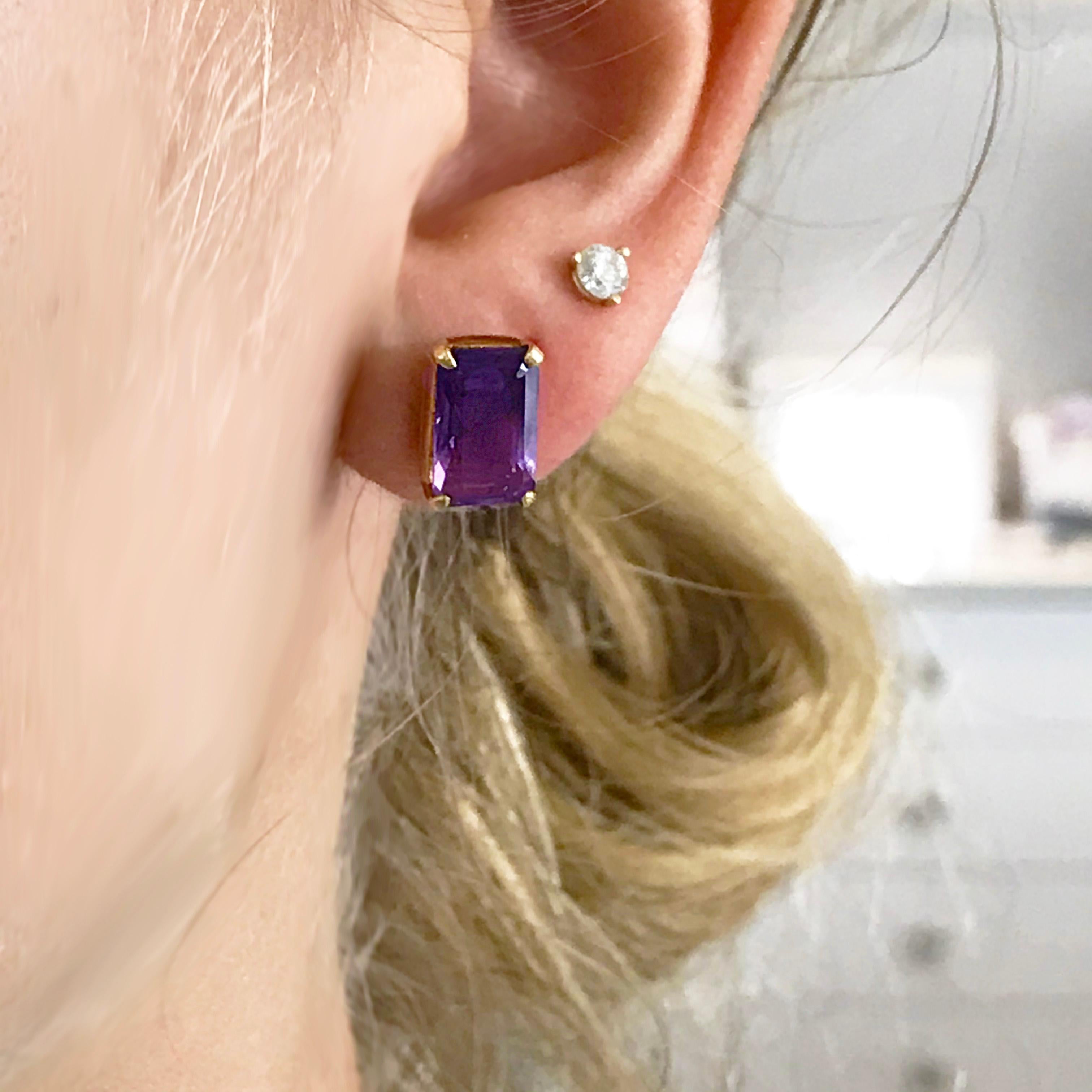 18 karat gold is such a rich color and matched with these gorgeous amethyst that are emerald cut, they are truly stunning!
Metal Quality: 18K Yellow Gold
Earring Type: Studs
Earring Measurements: 10.42 by 6.75 Millimeters 
Gemstone: