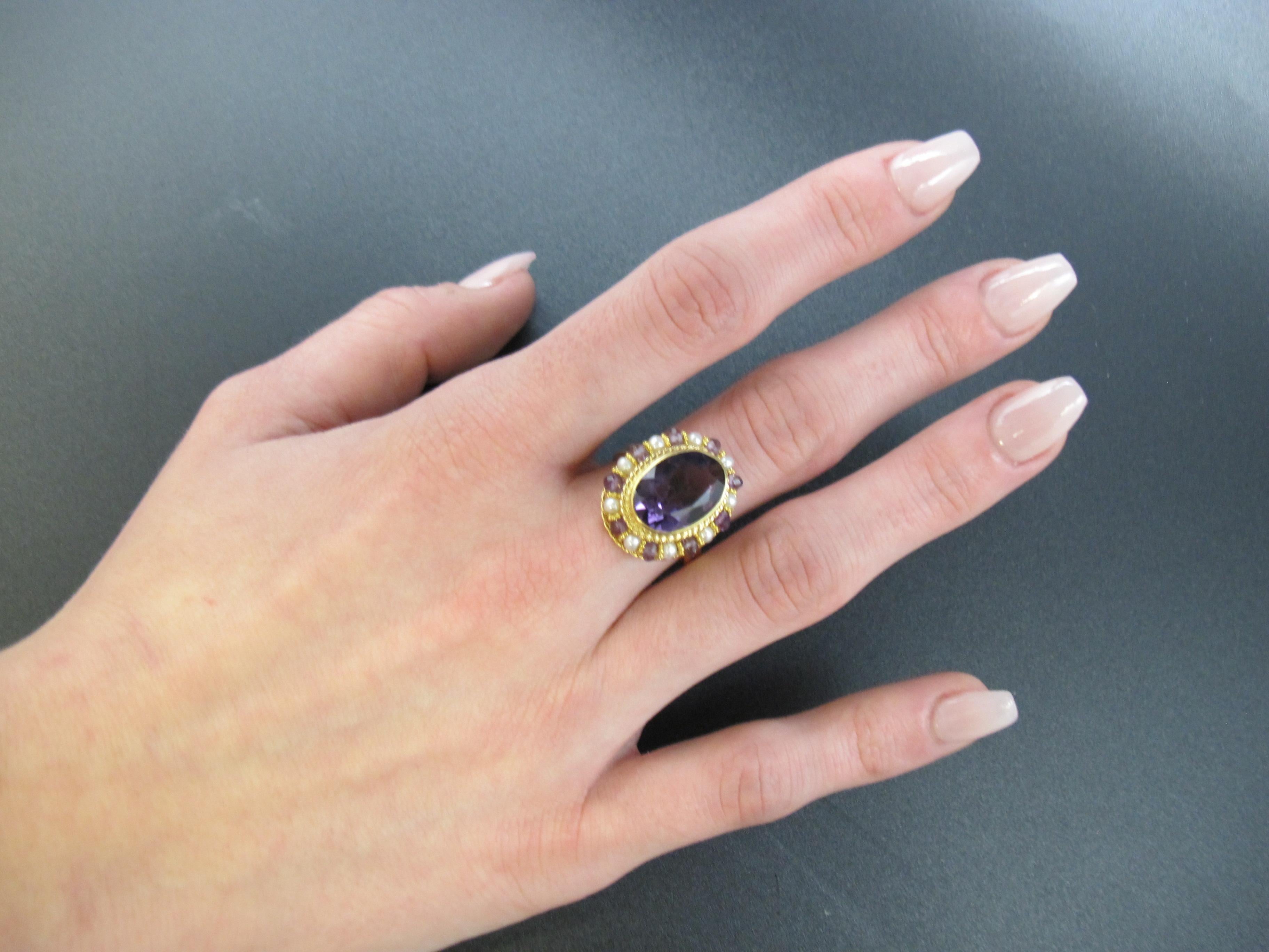 Amethyst Oval, Seed Pearl, Amethyst Bead Yellow Gold Filigree Cocktail Ring   2