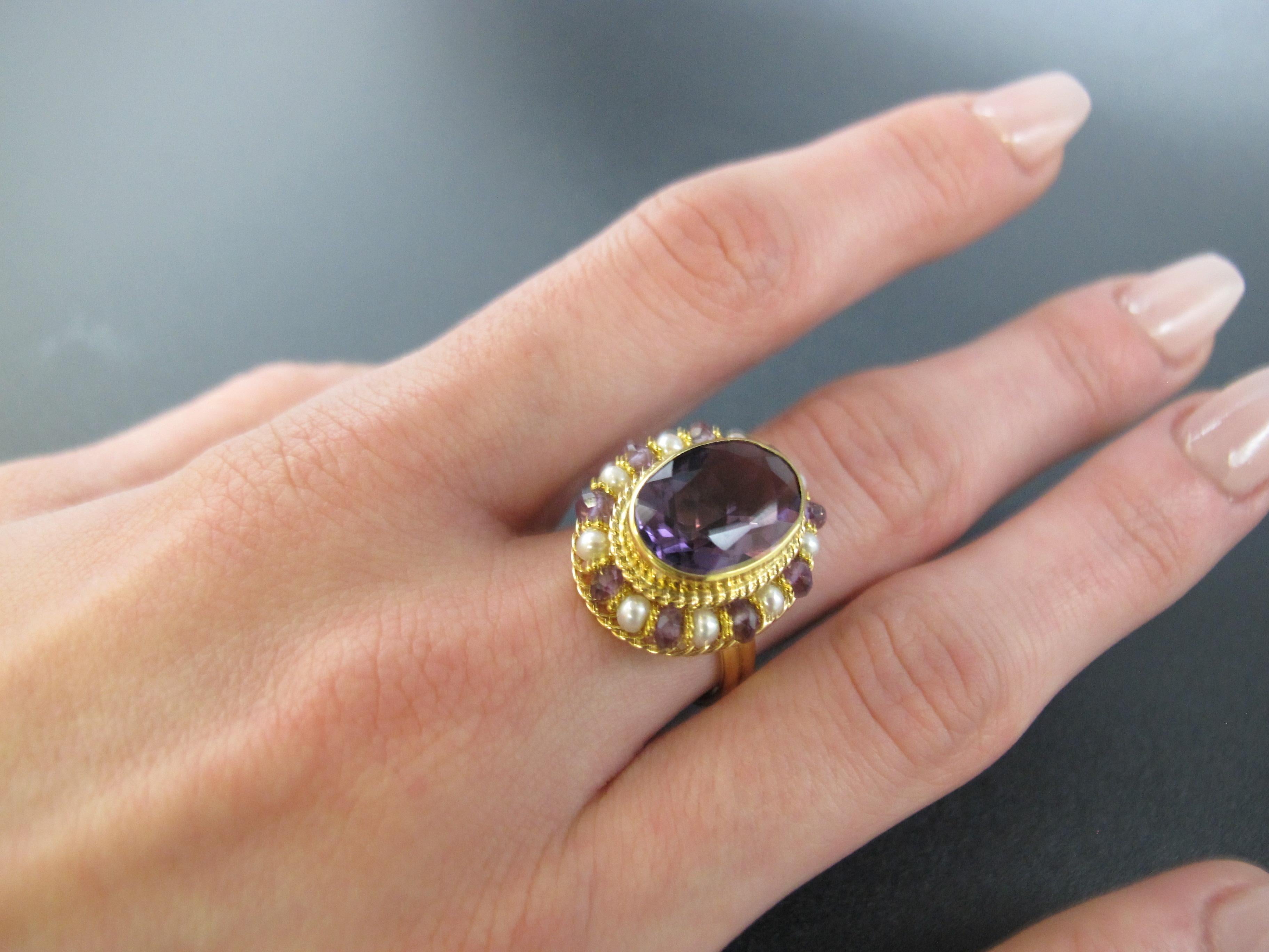Amethyst Oval, Seed Pearl, Amethyst Bead Yellow Gold Filigree Cocktail Ring   3