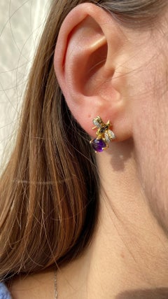 Amethyst 18k Yellow Gold Handcrafted Diamonds Bee Stud Clip On Earrings
