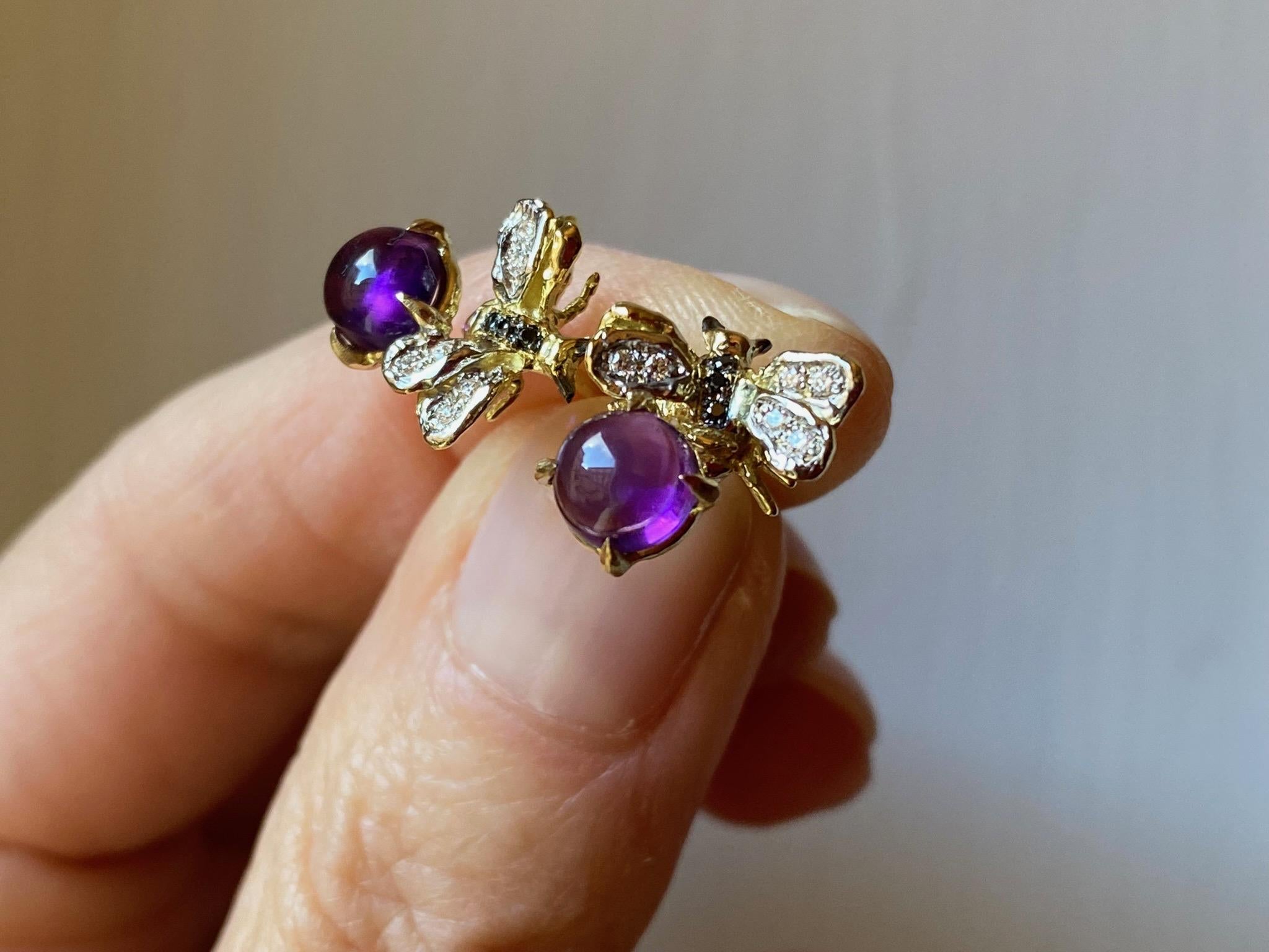 Round Cut Amethyst 18k Yellow Gold Handcrafted Diamonds Bee Stud Earrings For Sale