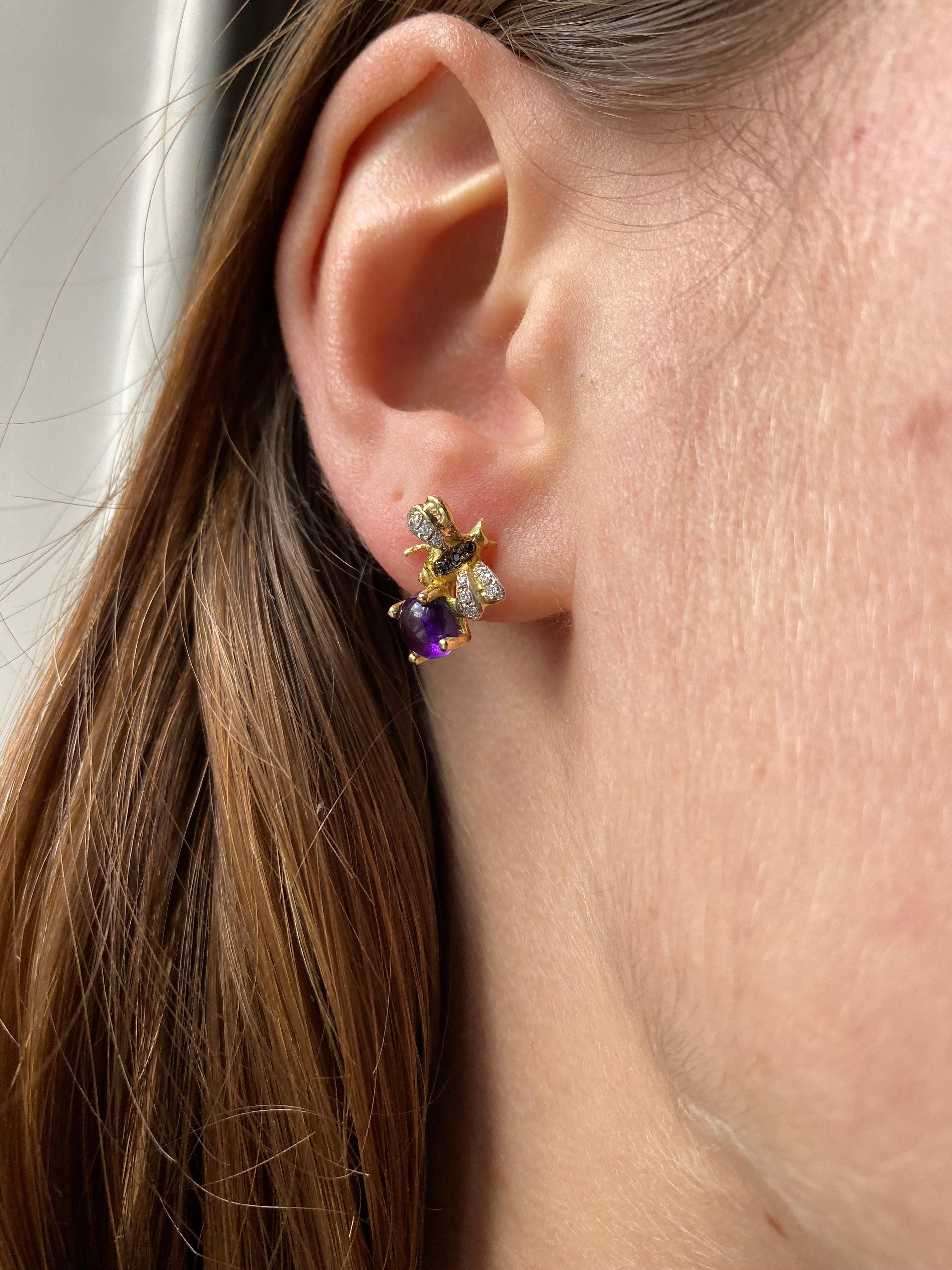 Amethyst 18k Yellow Gold Handcrafted Diamonds Bee Stud Earrings For Sale 2