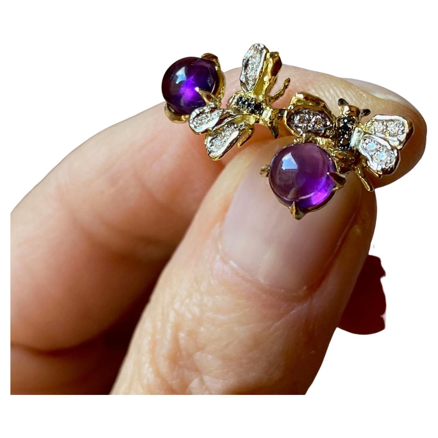 Amethyst 18k Yellow Gold Handcrafted Diamonds Bee Stud Earrings For Sale