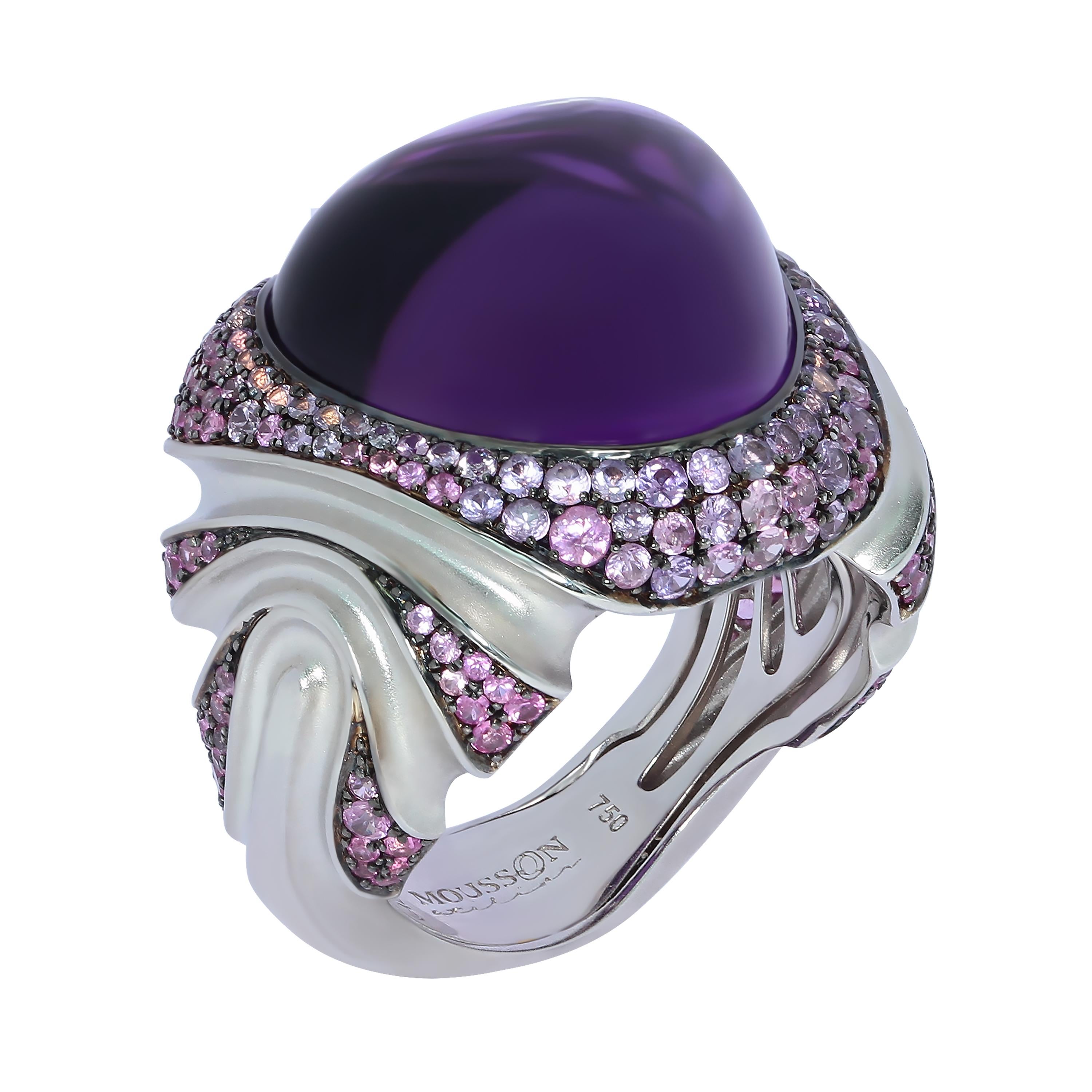 Amethyst 21.33 Carat Sapphire 18 Karat White Gold Ring
As always, Mousson Atelier is playing with forms. Look at this incredibly stylish Ring. It seems that 18 K White Gold literally flows like dough to the central stone, 21.33 Carat