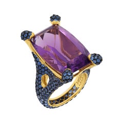 Amethyst 22,06 Karat Blaue Saphire 18 Karat Gelbgold Ring