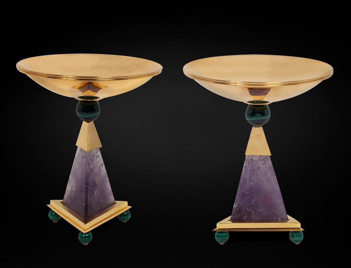 Exclusive pair of bowls in amethyst, malachite and 24 K gold plated brass.
Made in France as always by the best workers.
Alexandre Vossion design.
Could be done in different finition, stones and dimension by request.