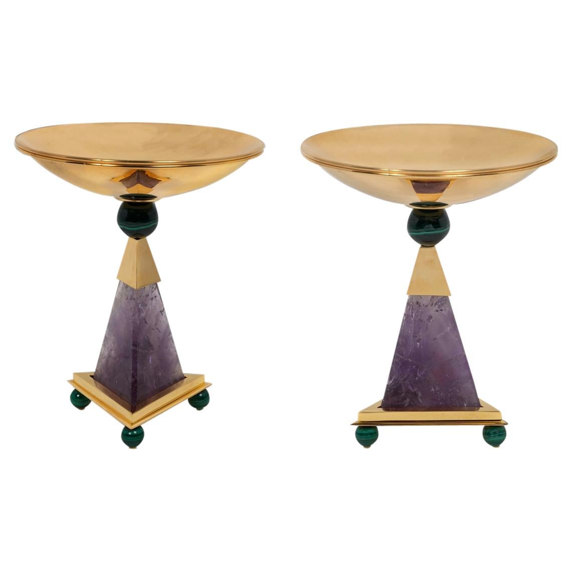 Amethyst, 24 K Gold Plated, Malachite Pairs of Centerpieces. For Sale