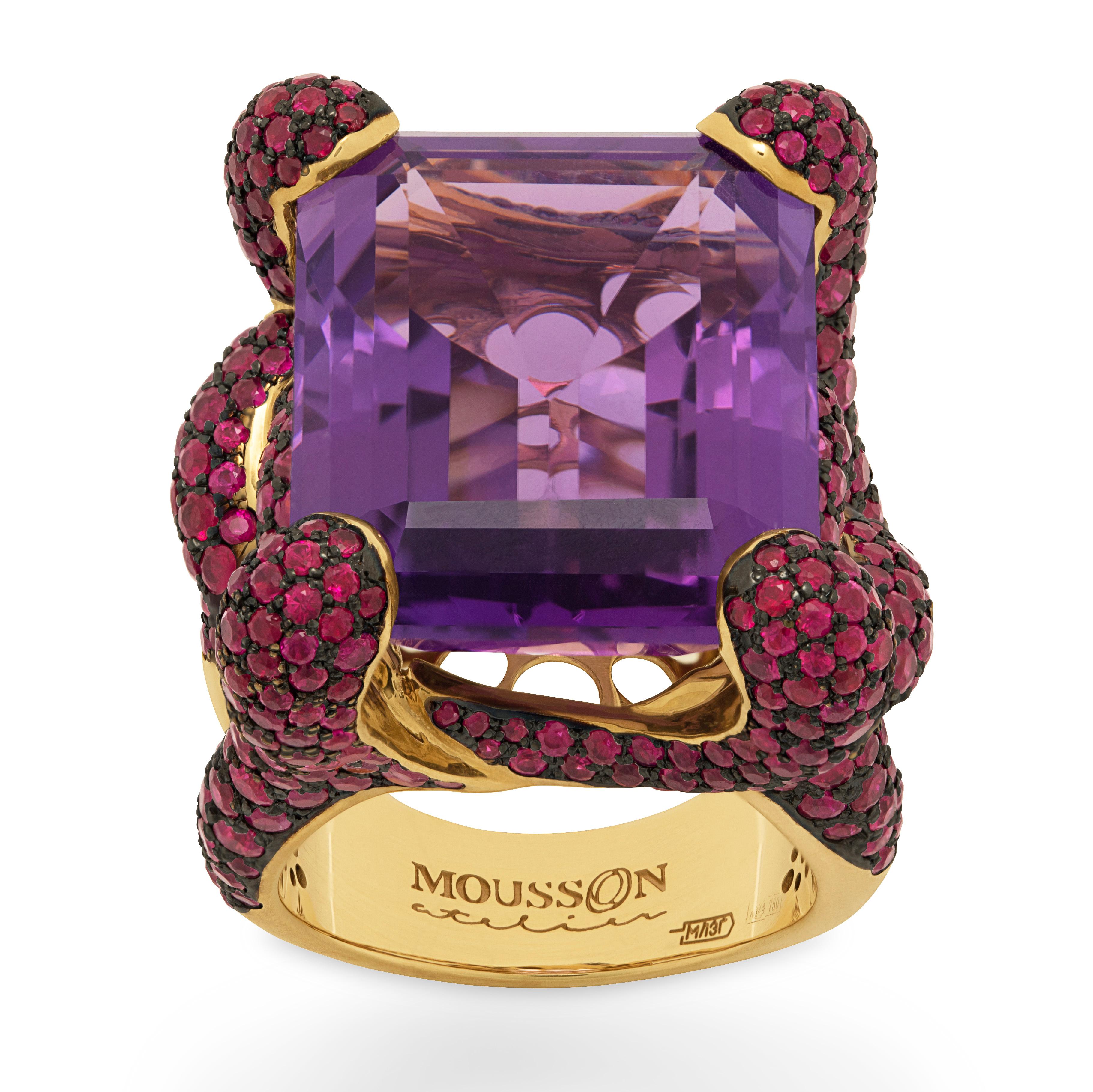 Amethyst 27.38 Carat Ruby 18 Karat Yellow Gold New Age Ring
Look at this spectacular Amethyst 27.38 Ct and 452 Rubies weighing 8.36 Carat combination. This gleaming ensemble creates a feeling of love and passion. Yellow 18 Karat Gold shape looks