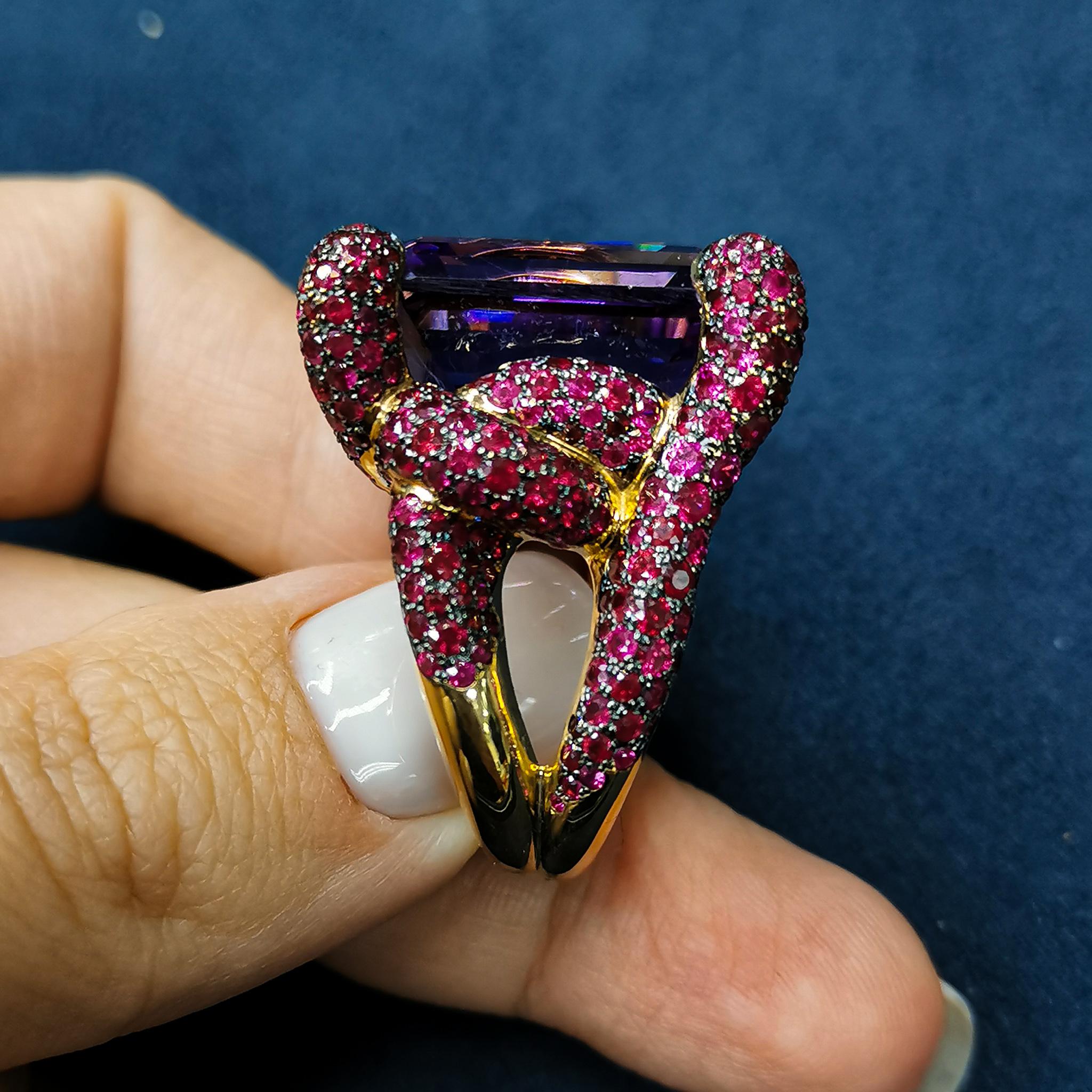 Octagon Cut Amethyst 27.38 Carat Ruby 18 Karat Yellow Gold New Age Ring For Sale