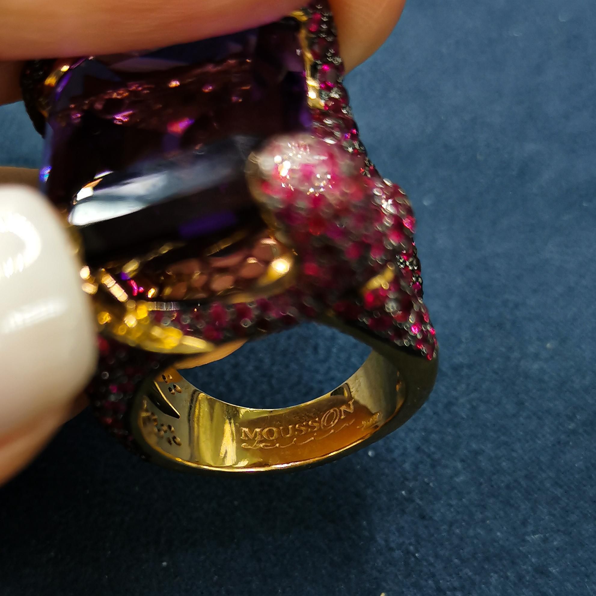 Women's Amethyst 27.38 Carat Ruby 18 Karat Yellow Gold New Age Ring For Sale