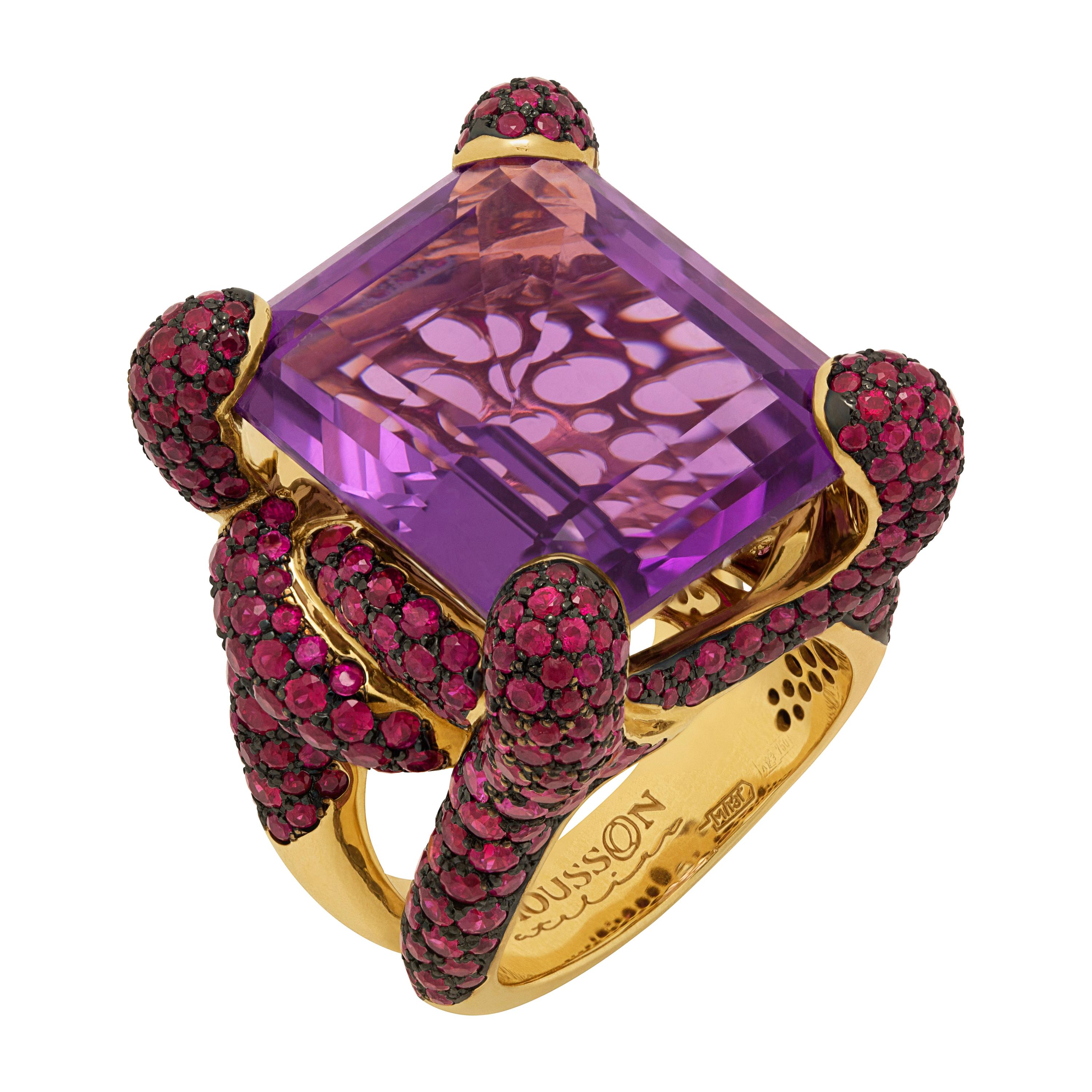 Amethyst 27.38 Carat Ruby 18 Karat Yellow Gold New Age Ring For Sale