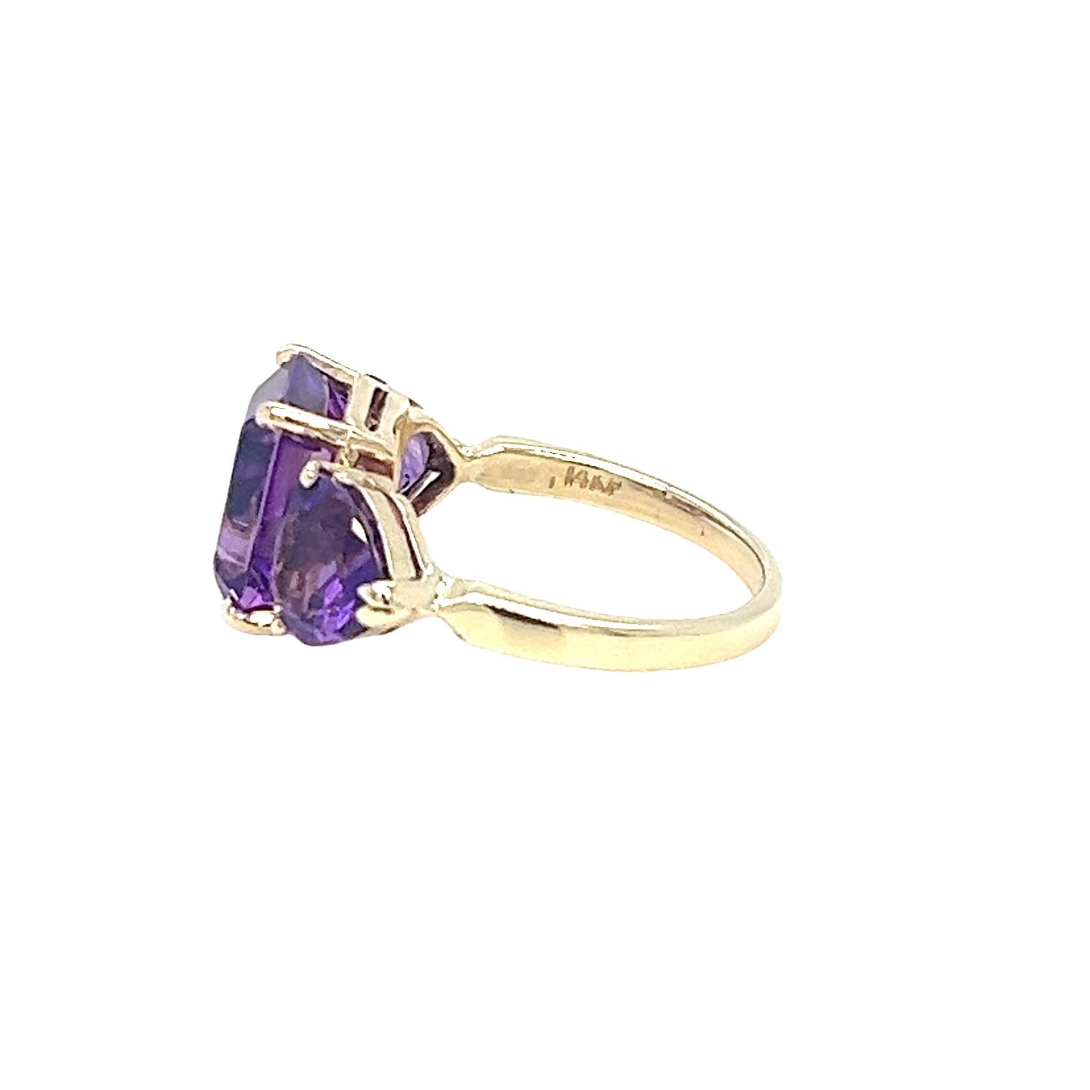 Emerald Cut Amethyst 3 Stone Cocktail Ring in Yellow Gold For Sale