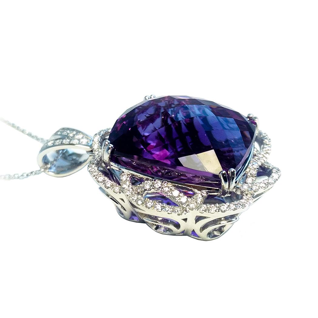 Timeless beauty, Intense purple amethyst & diamond pendant, contemporary handcrafted masterpiece modified cushion faceted amethyst with checkered pattern brilliance, set in high mount, in beautiful basket design frame, encased with round brilliant
