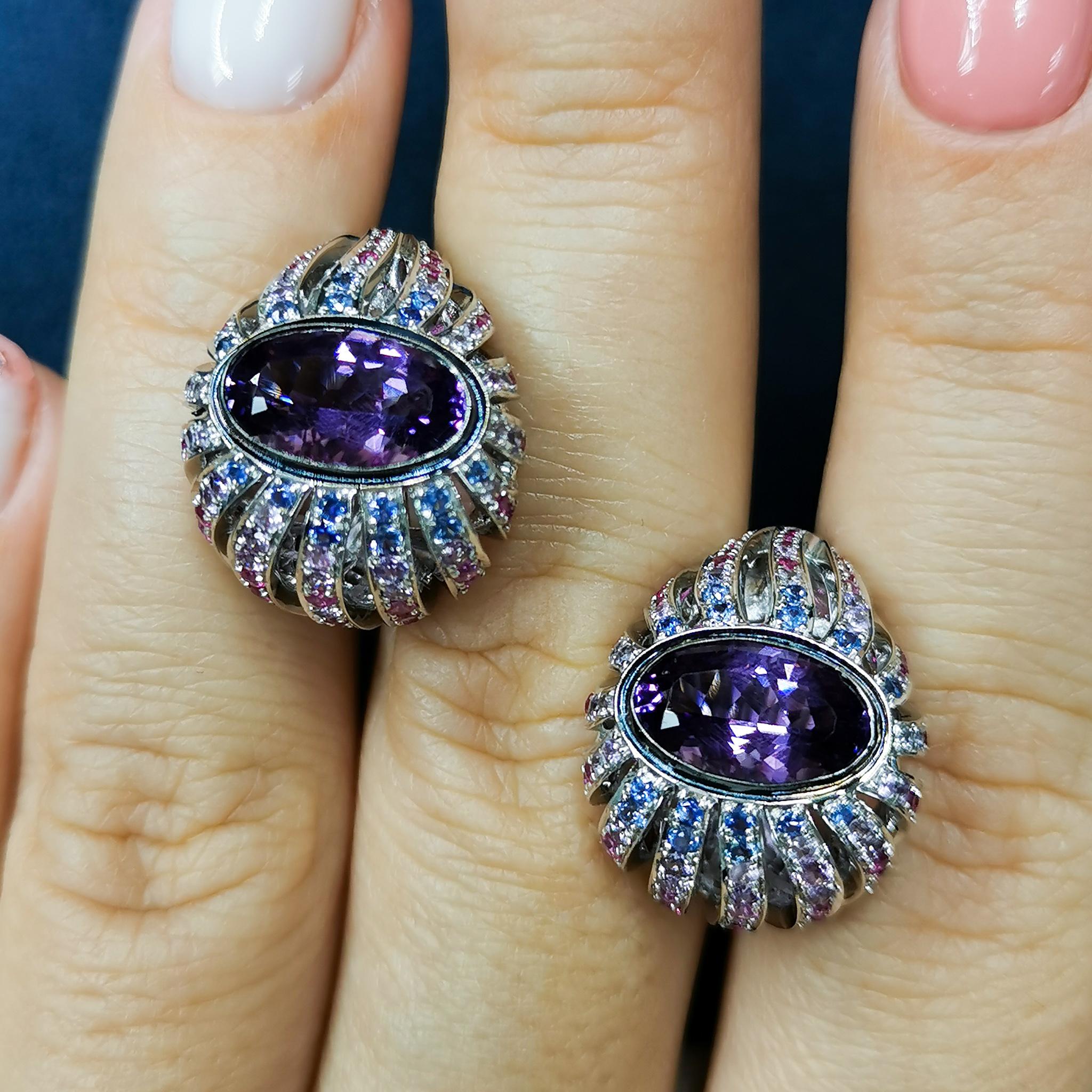 Oval Cut Amethyst 4.07 Carat Rubies Sapphires 18 Karat White Gold New Age Earrings For Sale