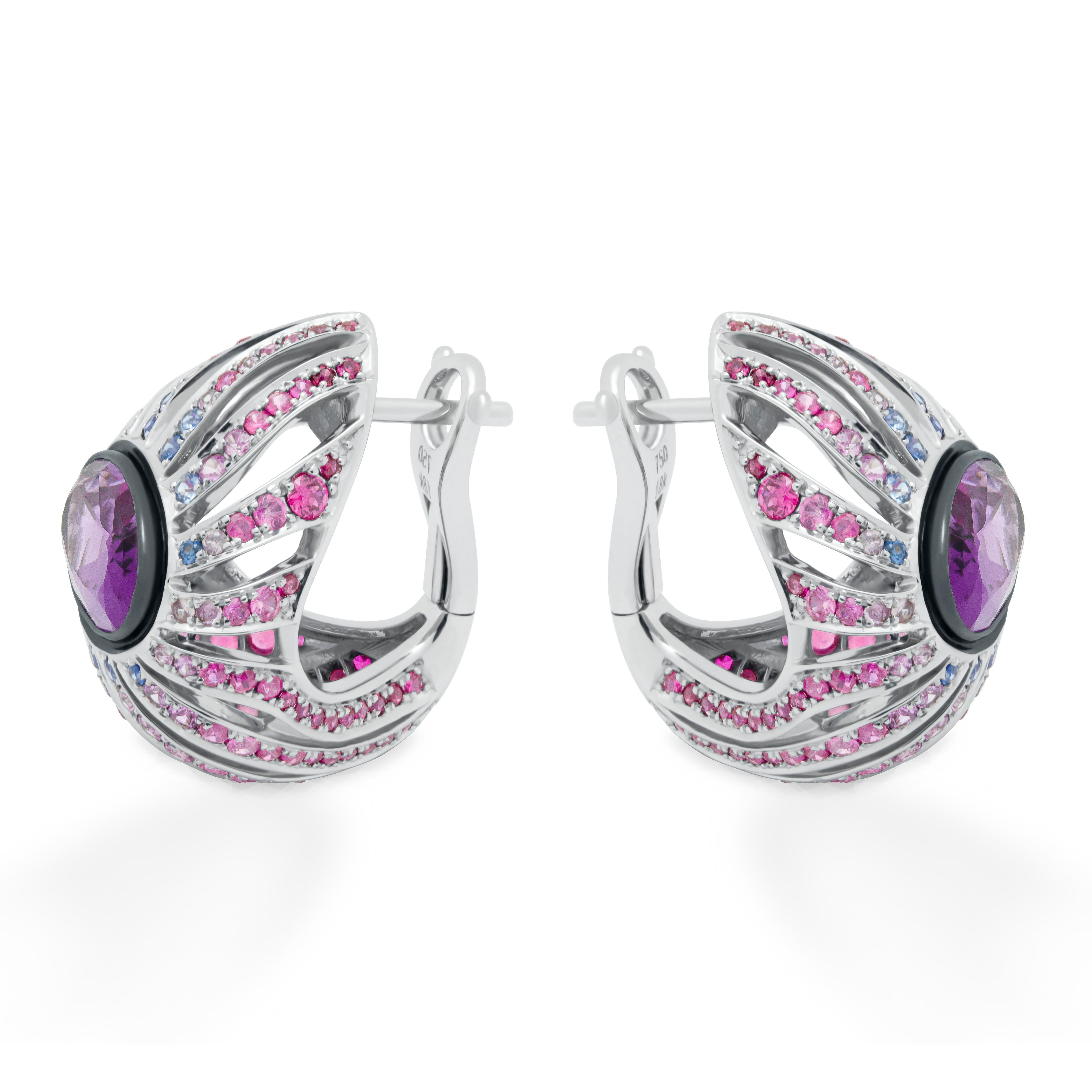 Contemporary Amethyst 4.07 Carat Rubies Sapphires 18 Karat White Gold New Age Earrings For Sale