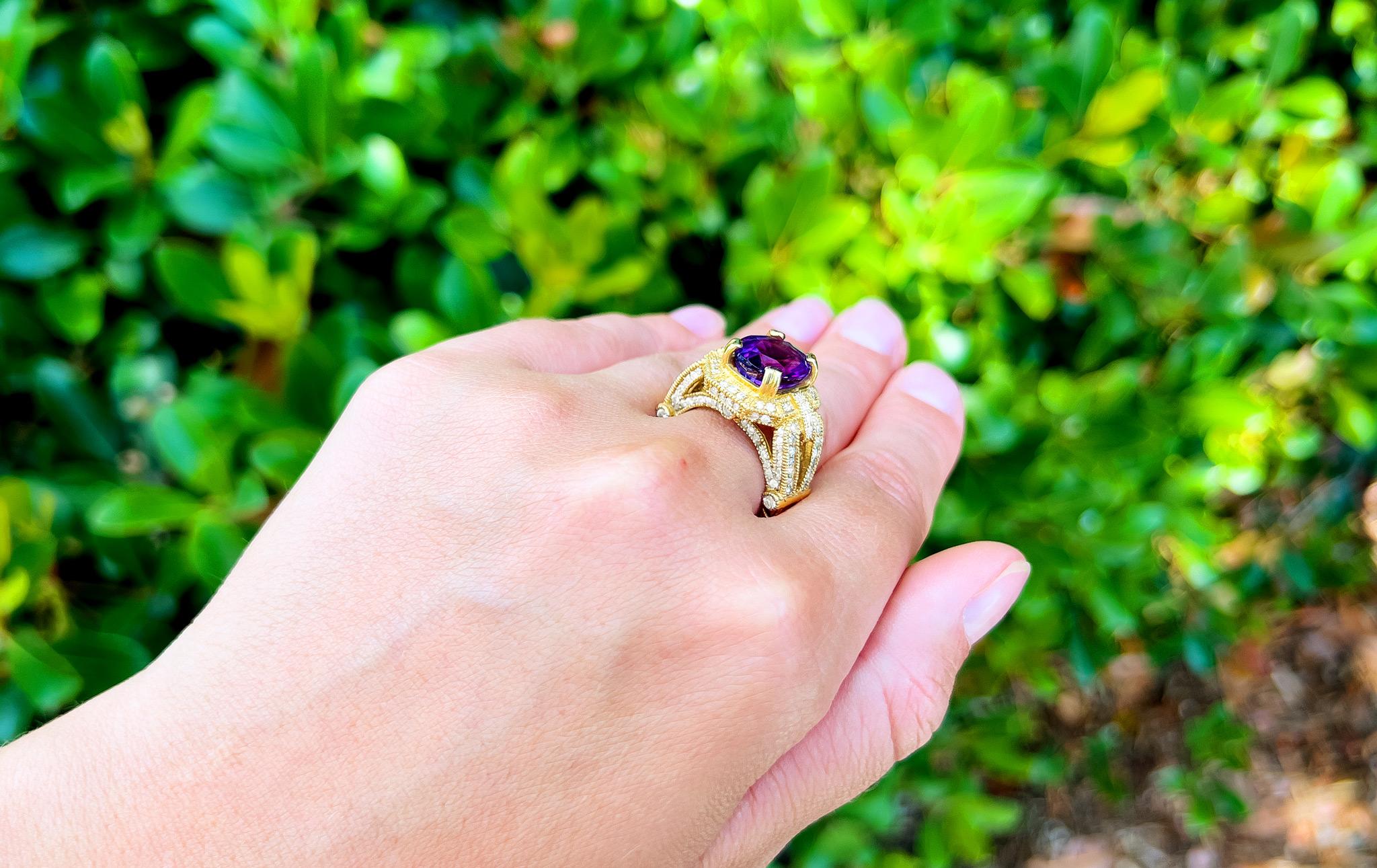 Artisan Amethyst 6 Carat Ring with Diamonds 1.50 Carats Total 14k Gold For Sale