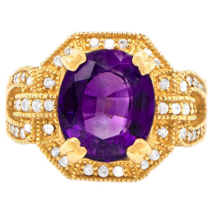 Amethyst 6 Carat Ring with Diamonds 1.50 Carats Total 14k Gold For Sale