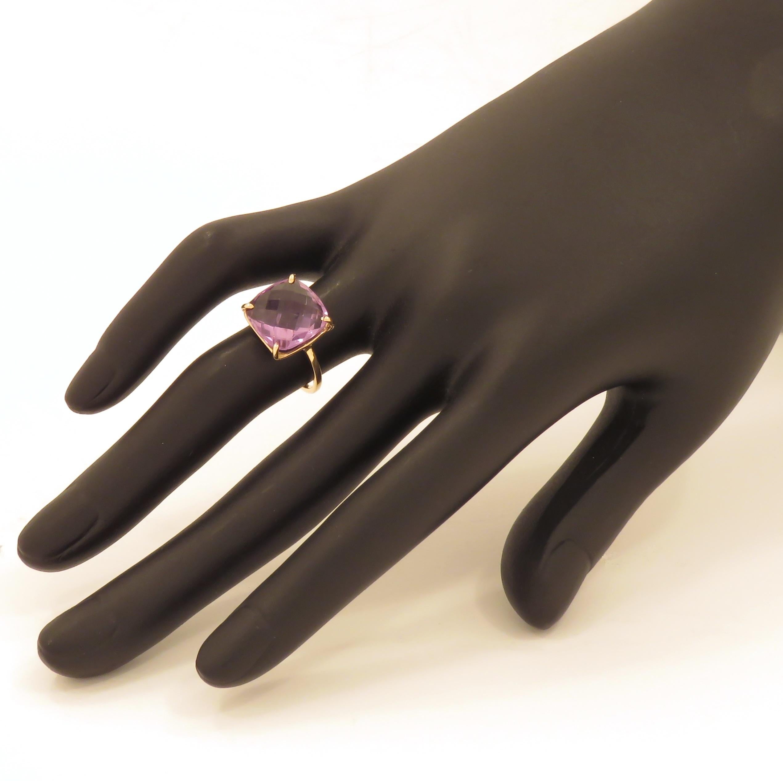 Beautiful amethyst featured in a contemporary ring crafted in 9 karat rose gold. The amethyst is briolette cut  and square shaped and is held by 4 claws. The size of the gemstone is 12x12 mm / 0.472x0.472 inches. US finger size is 6.75, French size