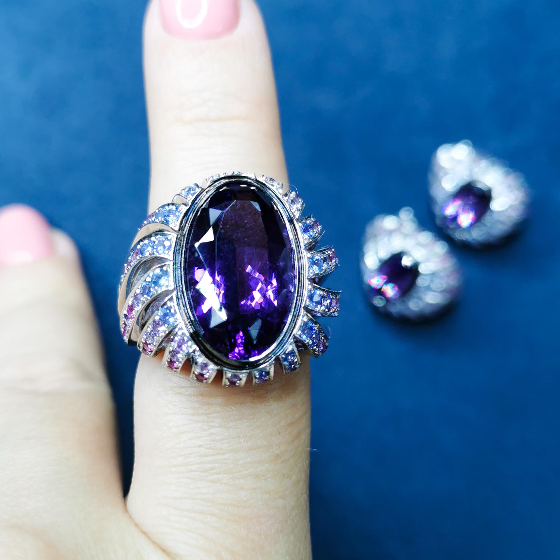 Amethyst 9.02 Carat Rubies Sapphires 18 Karat White Gold New Age Ring For Sale 5