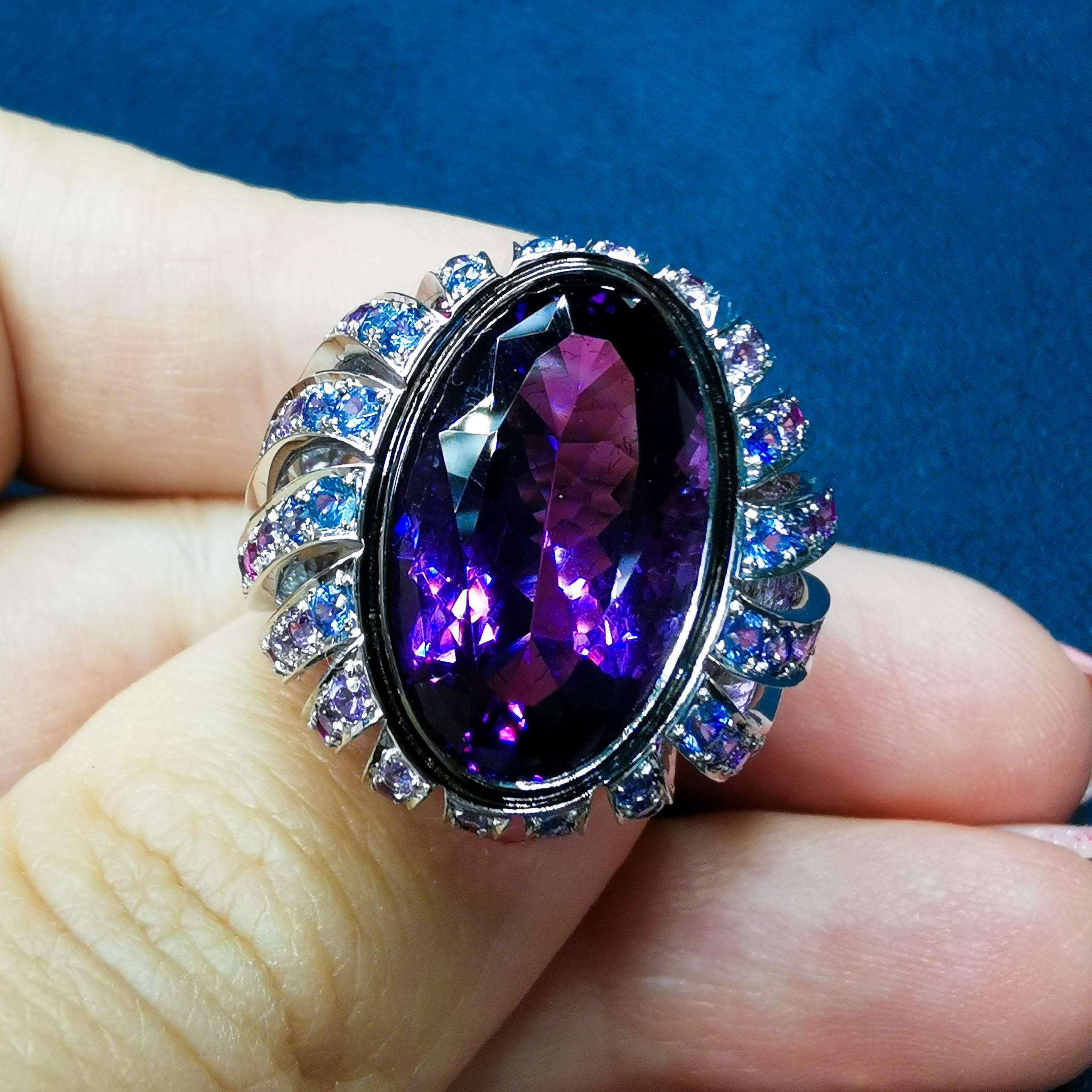 Contemporary Amethyst 9.02 Carat Rubies Sapphires 18 Karat White Gold New Age Ring For Sale