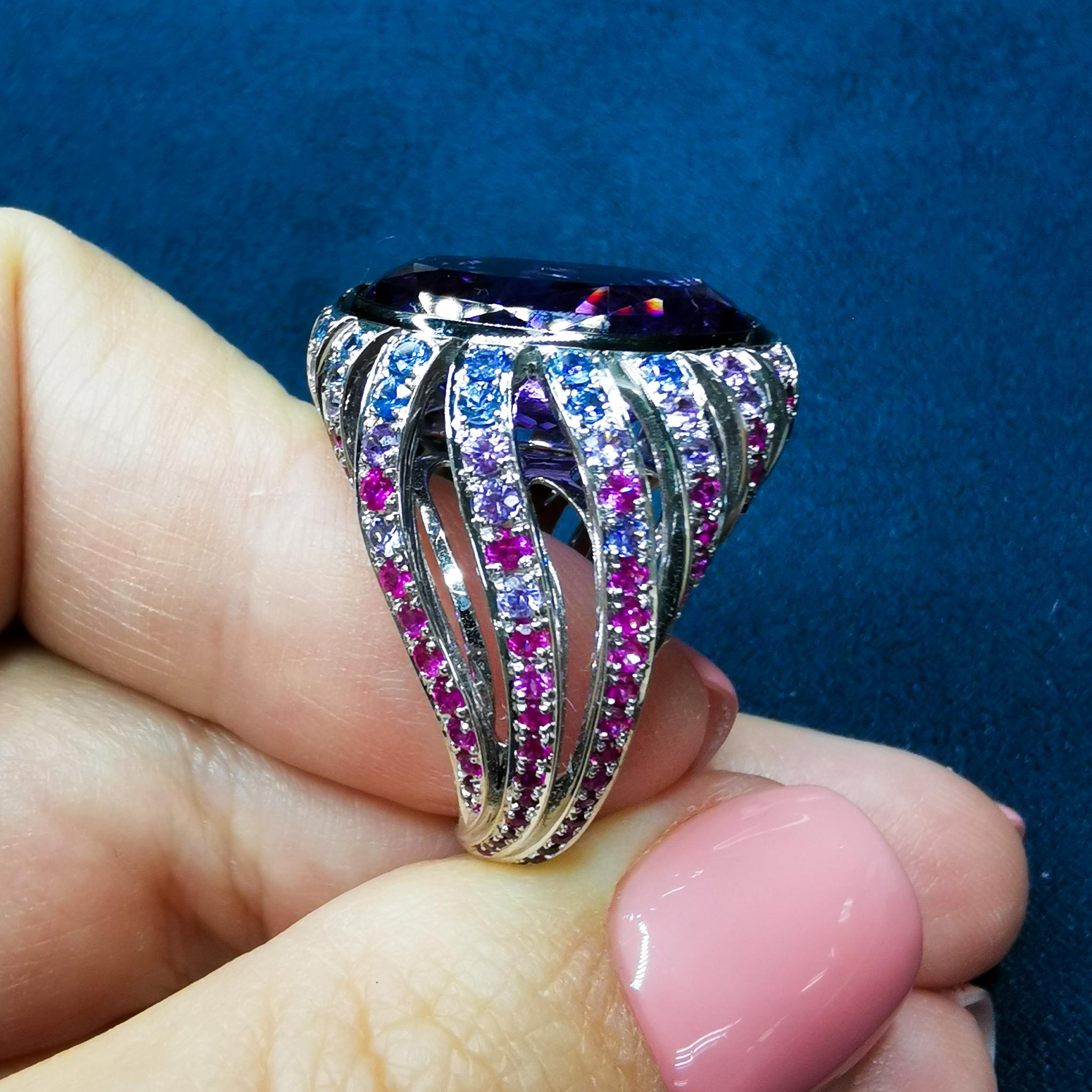 Oval Cut Amethyst 9.02 Carat Rubies Sapphires 18 Karat White Gold New Age Ring For Sale
