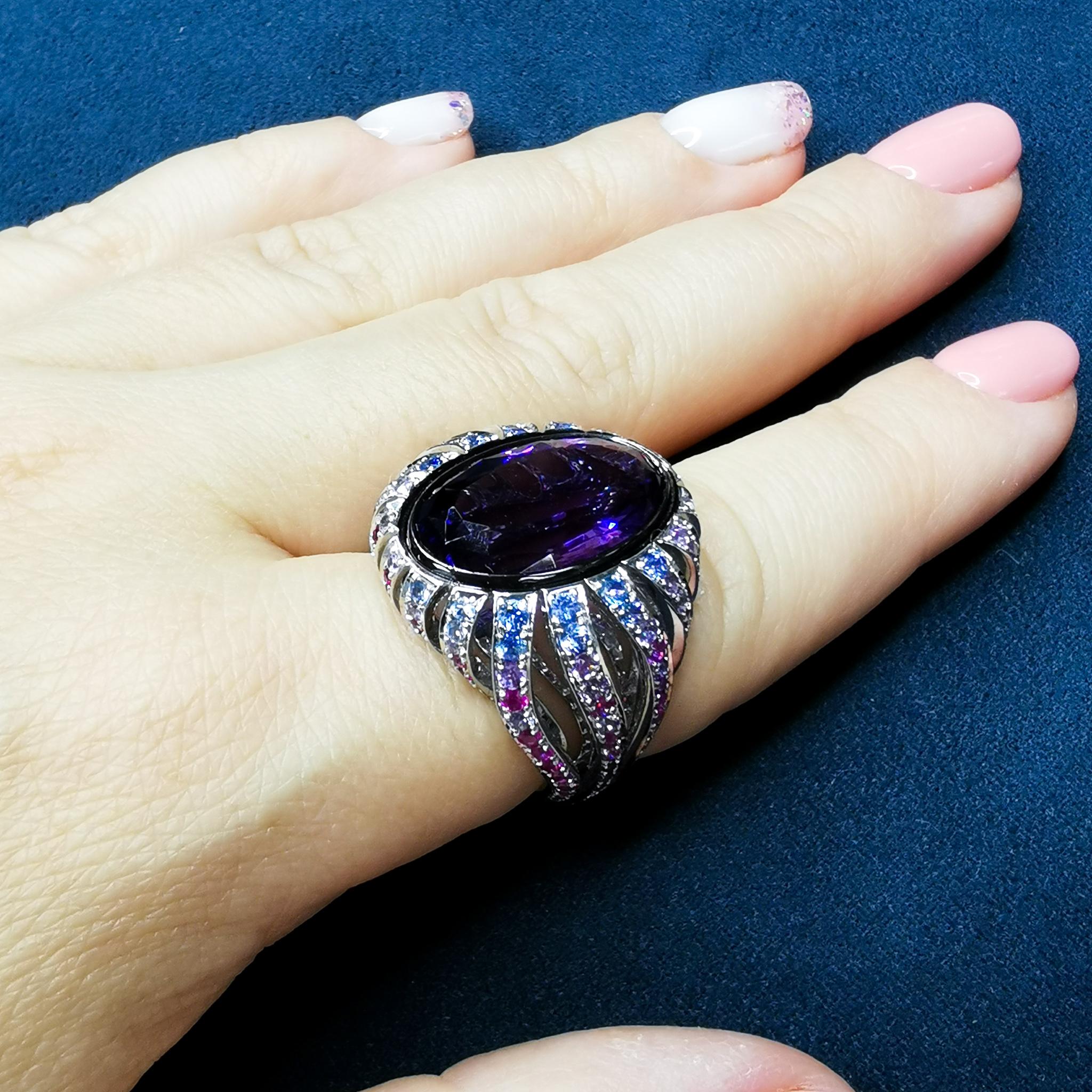 Amethyst 9.02 Carat Rubies Sapphires 18 Karat White Gold New Age Ring For Sale 3