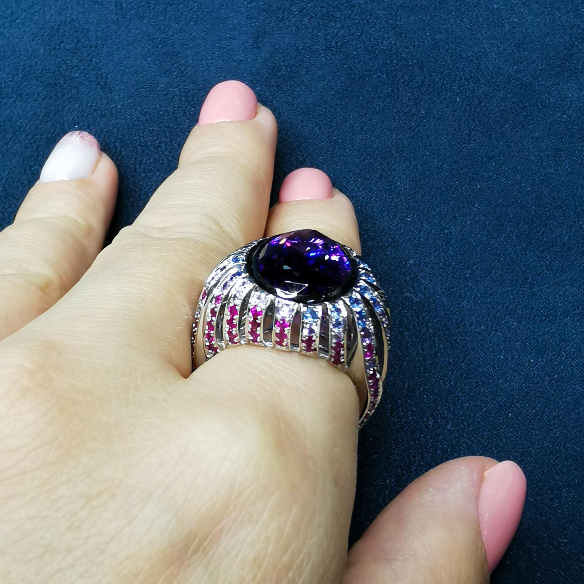 Amethyst 9.02 Carat Rubies Sapphires 18 Karat White Gold New Age Ring For Sale 4