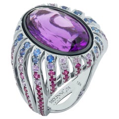 Amethyst 9.02 Carat Rubies Sapphires 18 Karat White Gold New Age Ring