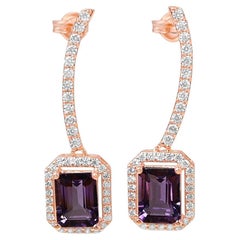 Boucles d'oreilles en améthyste taille émeraude, or 18k sur argent Pierre de naissance de février