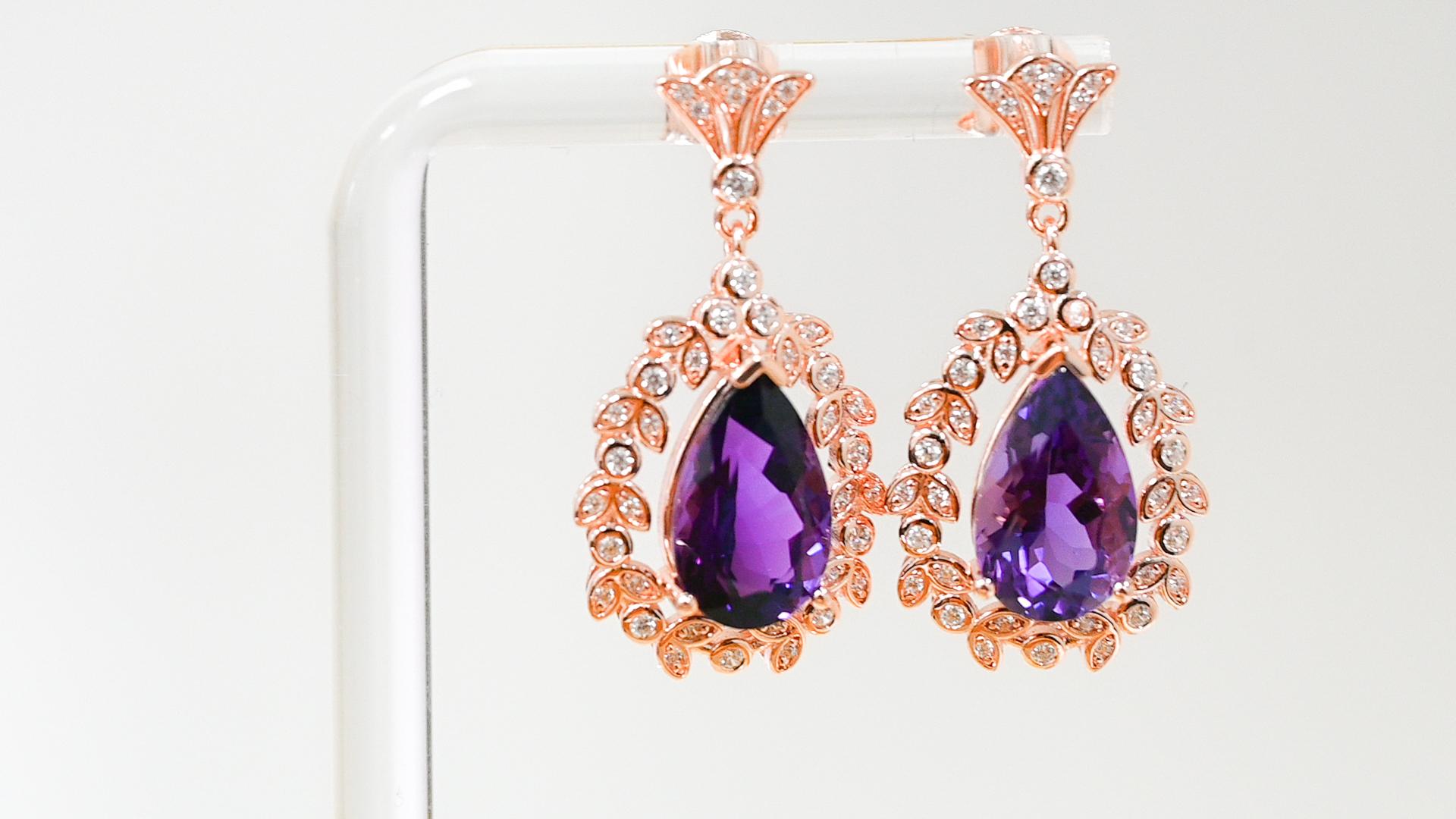 Art Deco Amethyst 925 Sliver 18K Rose Metal Plated 1MM Women's Earrings12.00cts. For Sale